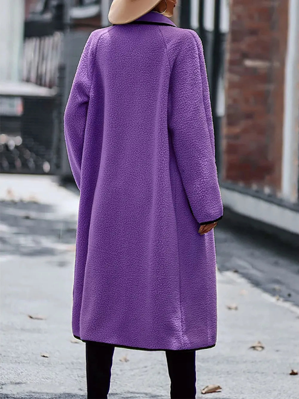 Full Size Contrast Trim Long Sleeve Coat with Pockets, view 5