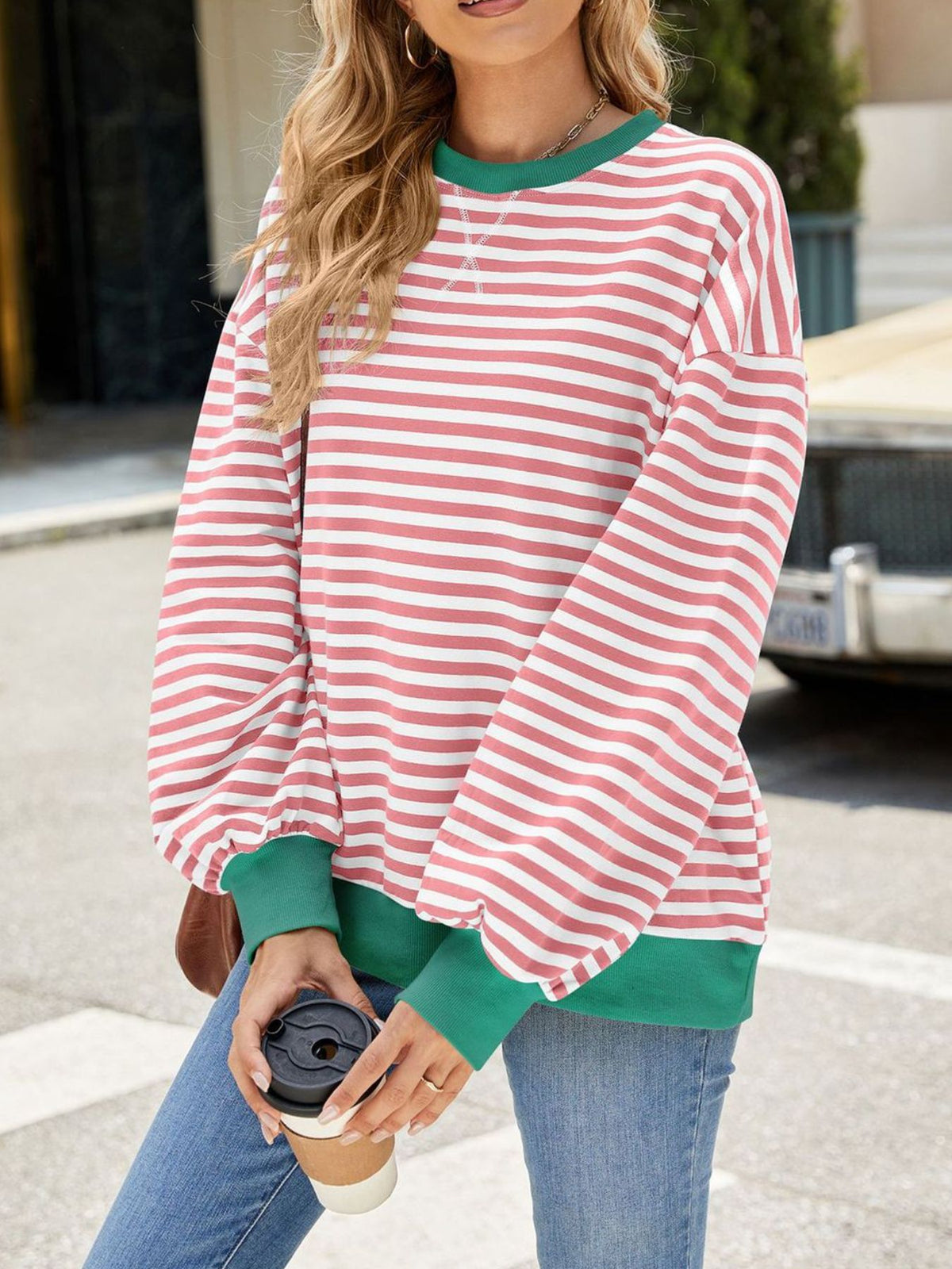Striped Crew Neck Long Sleeve Sweatshirt - Lilixa.store