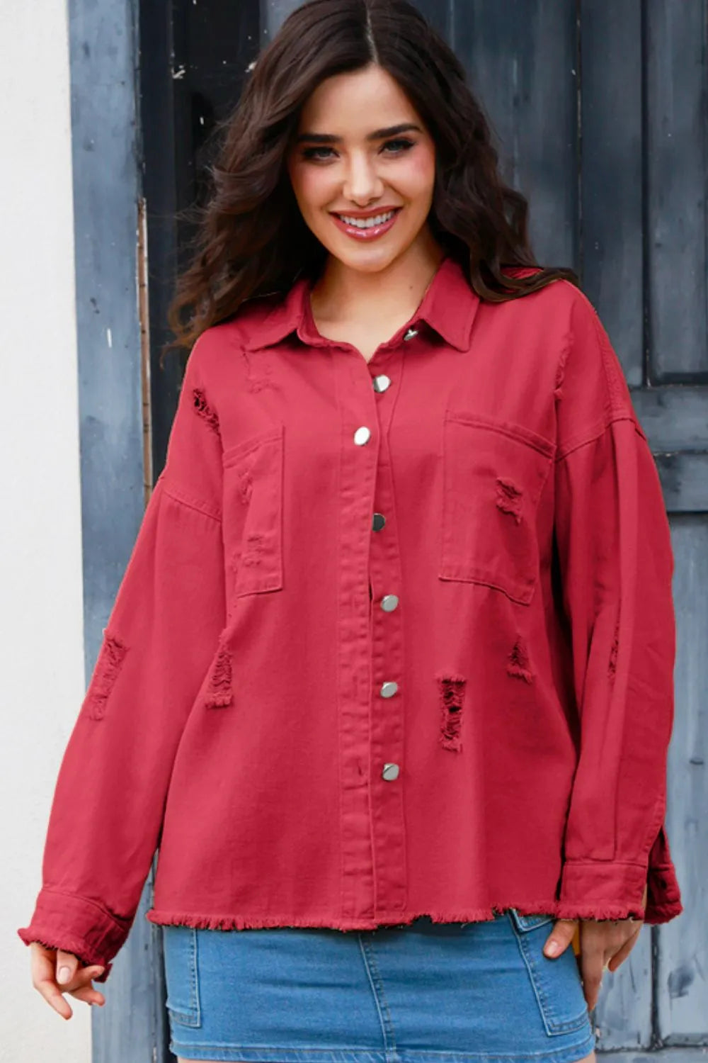 Distressed Button Up Raw Hem Denim Jacket - Lilixa.store