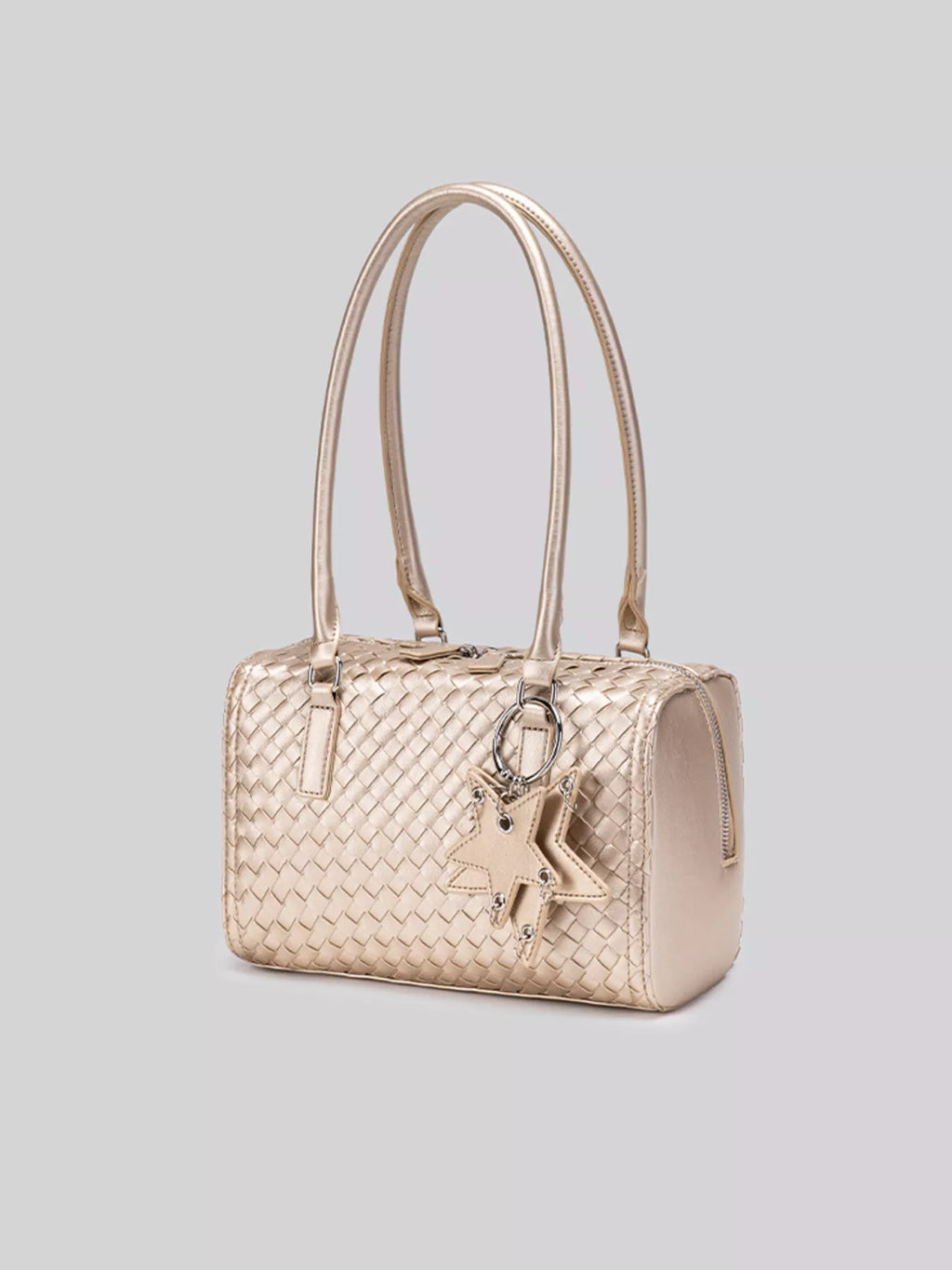 Metallic Woven Texture Shoulder Bag with Star Charm in Champagne, view 5