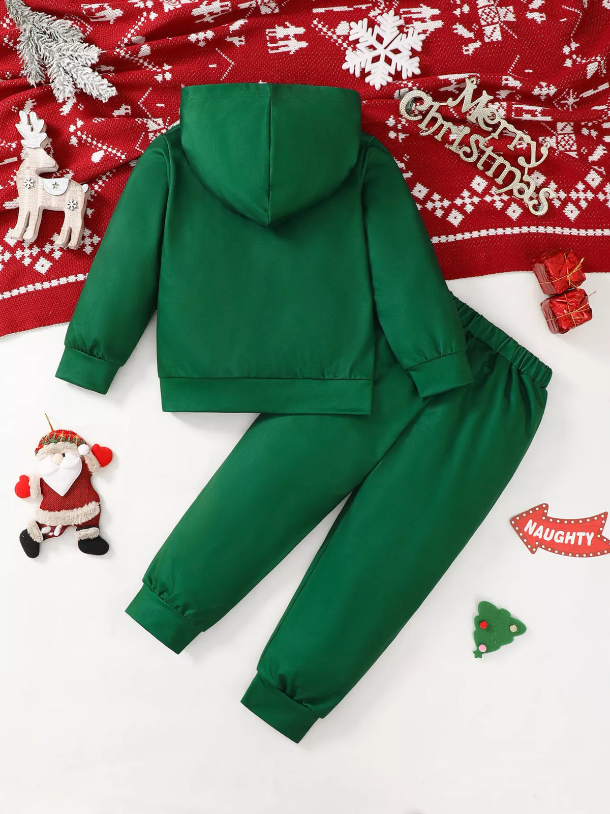 Children's Christmas Santa Claus Graphic Hooded Sweatshirt and Pants Set in Green, view 7