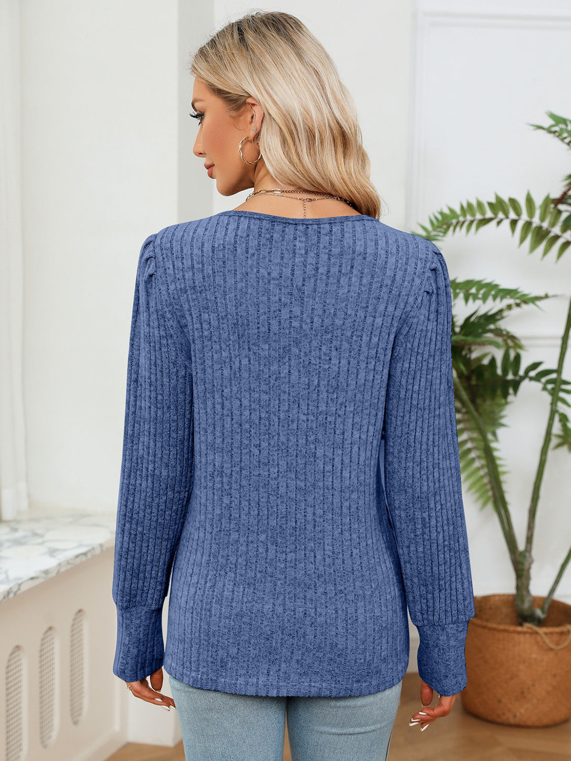 Lace Detail V-Neck Ribbed Blouse, view 10