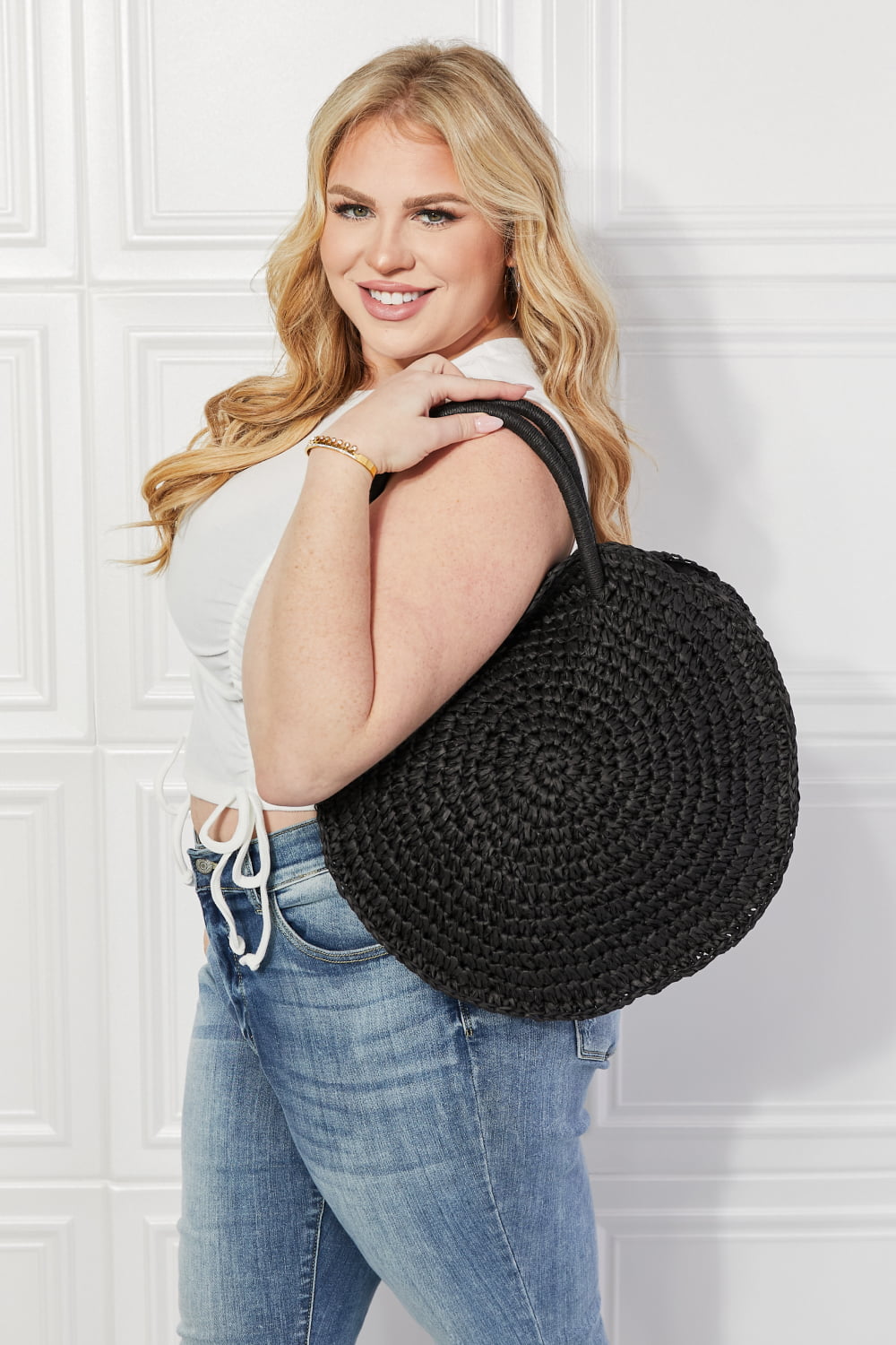 Justin Taylor Beach Date Straw Rattan Handbag in Black - Lilixa.store