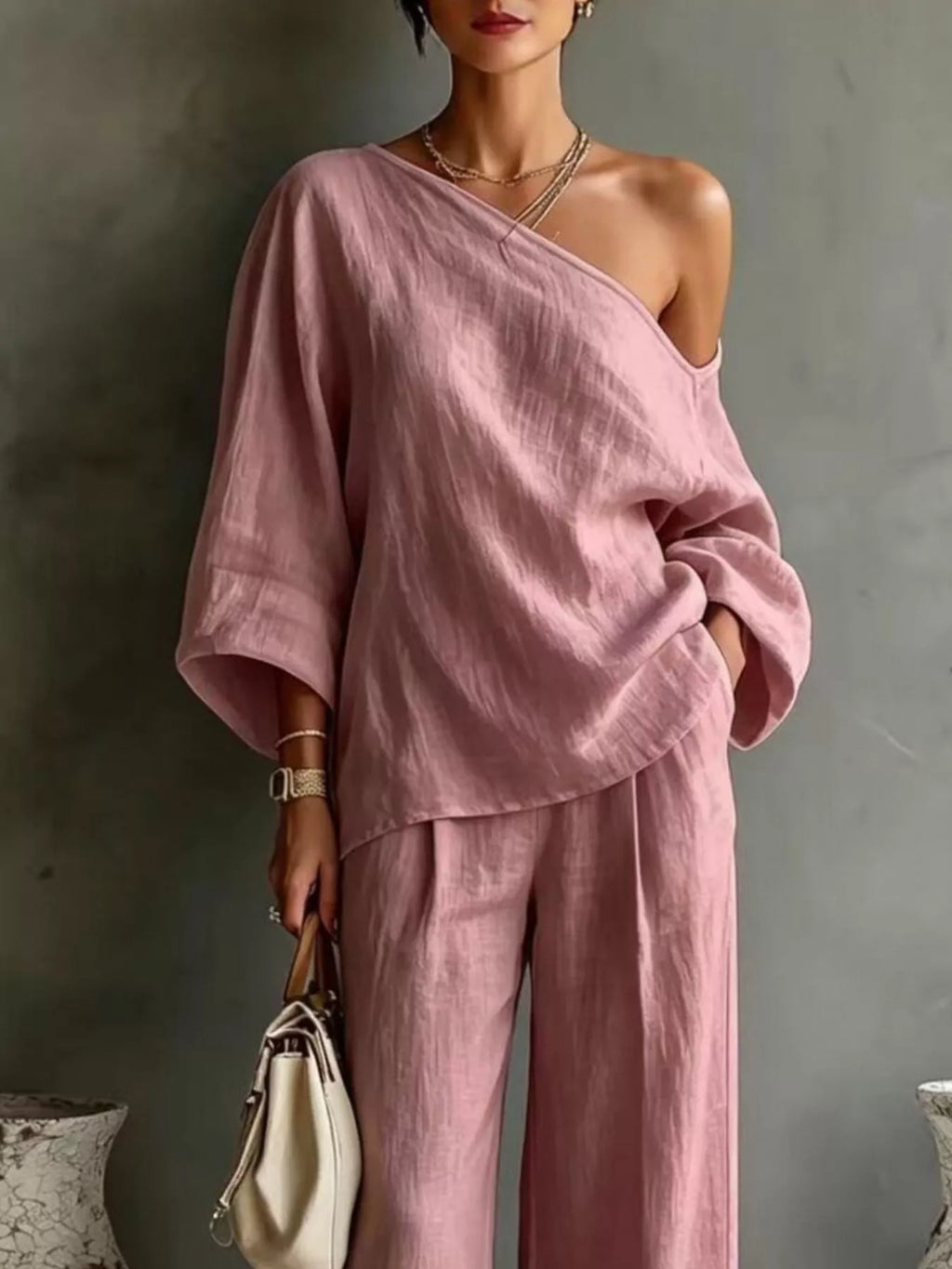 One Shoulder Top and Wide Leg Pants Set - Lilixa.store