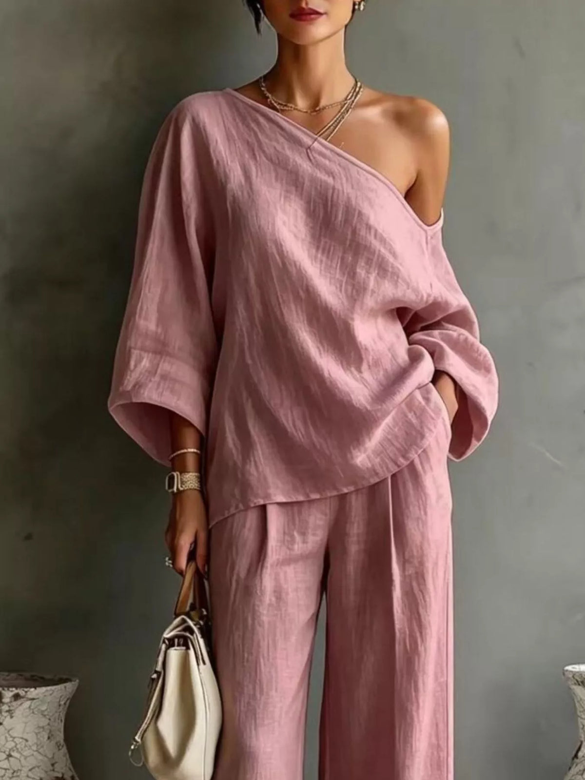 One Shoulder Top and Wide Leg Pants Set - Lilixa.store