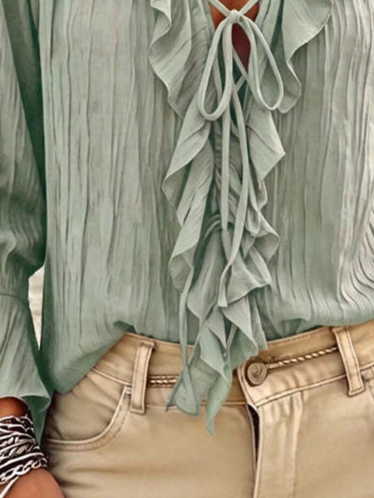 Full Size Ruffled Tie Neck Long Sleeve Blouse Plus Size