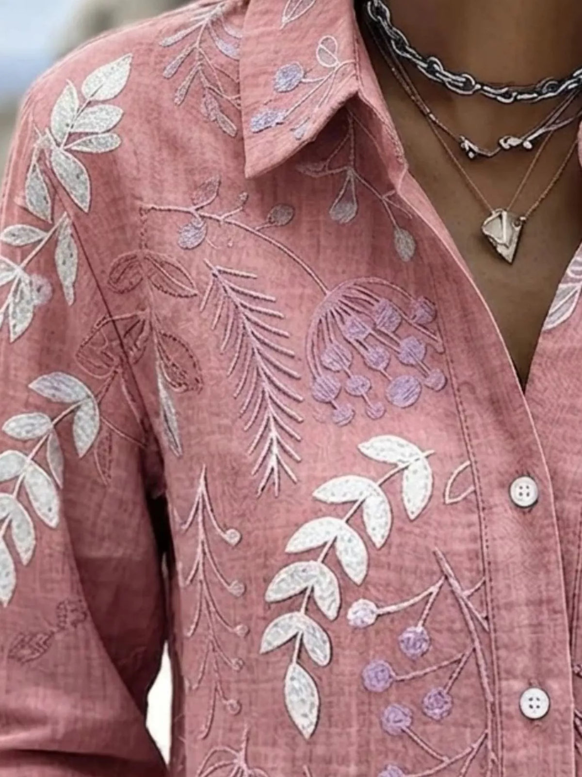 Full Size Leaf Embroidered Button-Down Shirt Plus Size, view 2