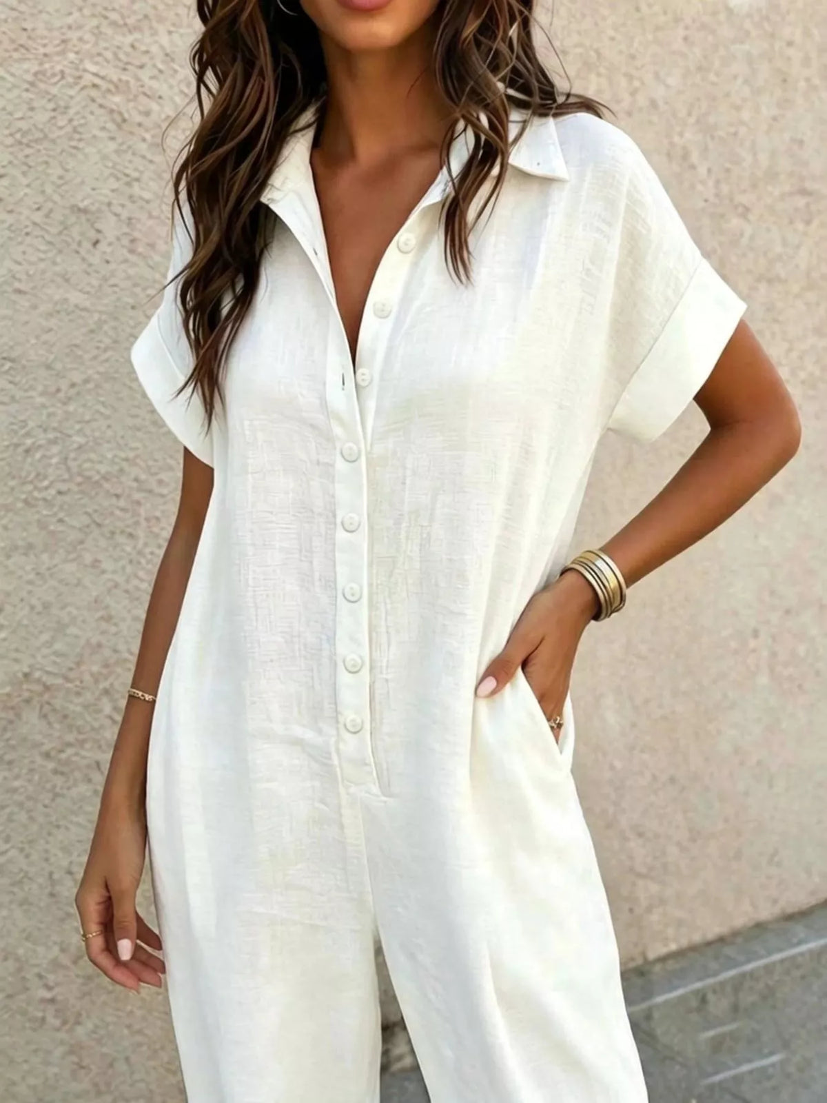 Button Front Short Sleeve Jumpsuit - Lilixa.store