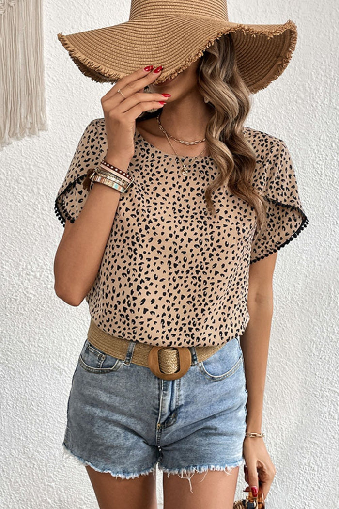 Perfee Printed Pom Pom Detail Petal Sleeve Round Neck Blouse in Leopard