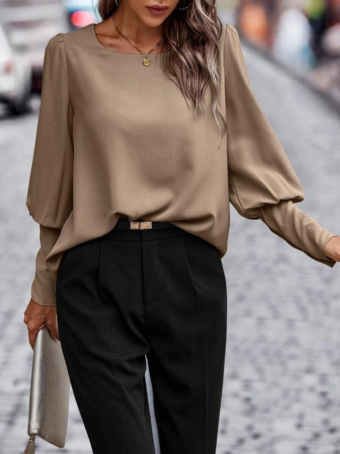 Round Neck Lantern Sleeve Blouse in Taupe