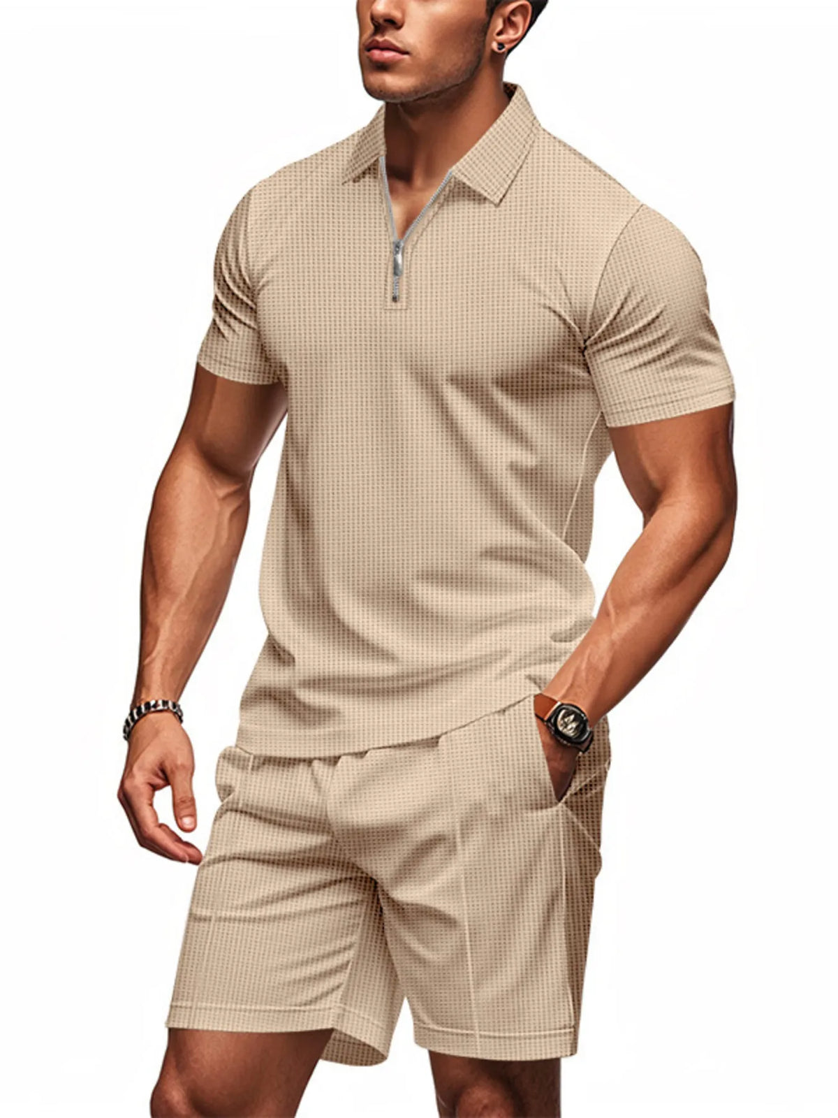 Men's Plus Size Quarter Zip Short Sleeve Top and Shorts Set in Beige