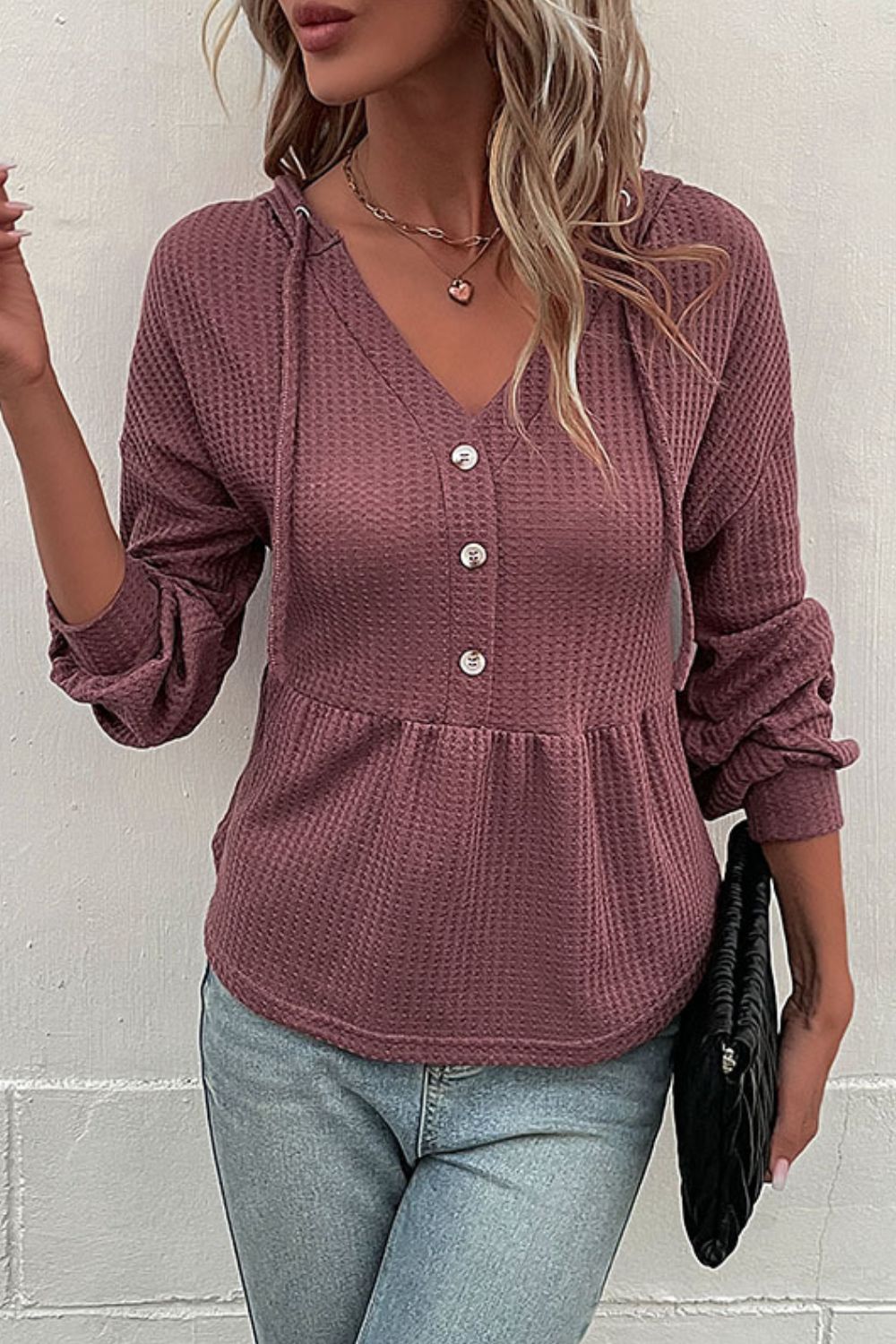 Perfee Waffle-Knit Buttoned Drop Shoulder Hoodie in Plum, view 4