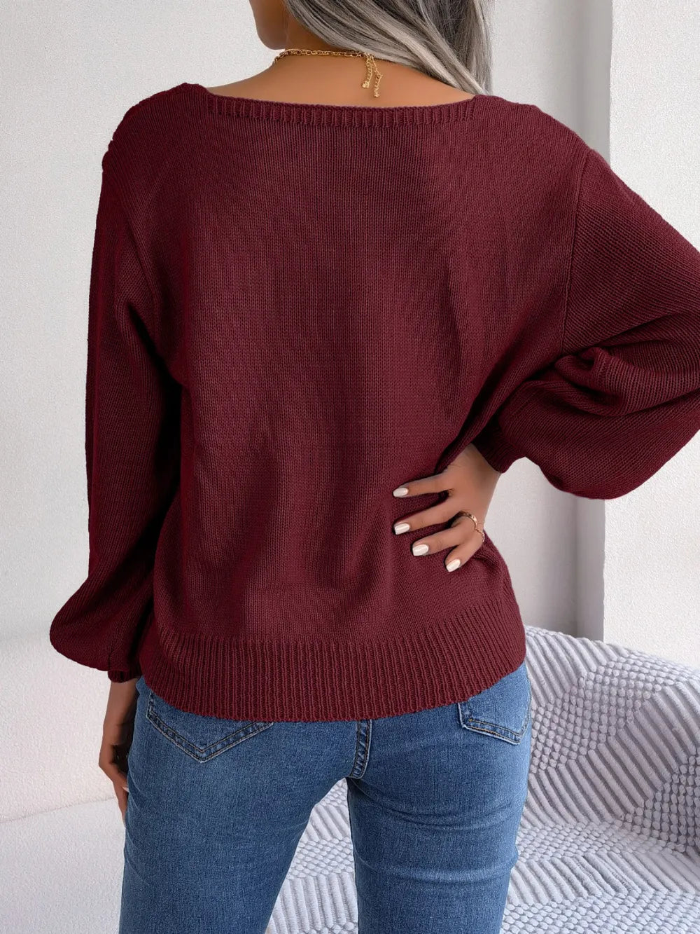 Cable-Knit Square Neck Long Sleeve Sweater, view 9