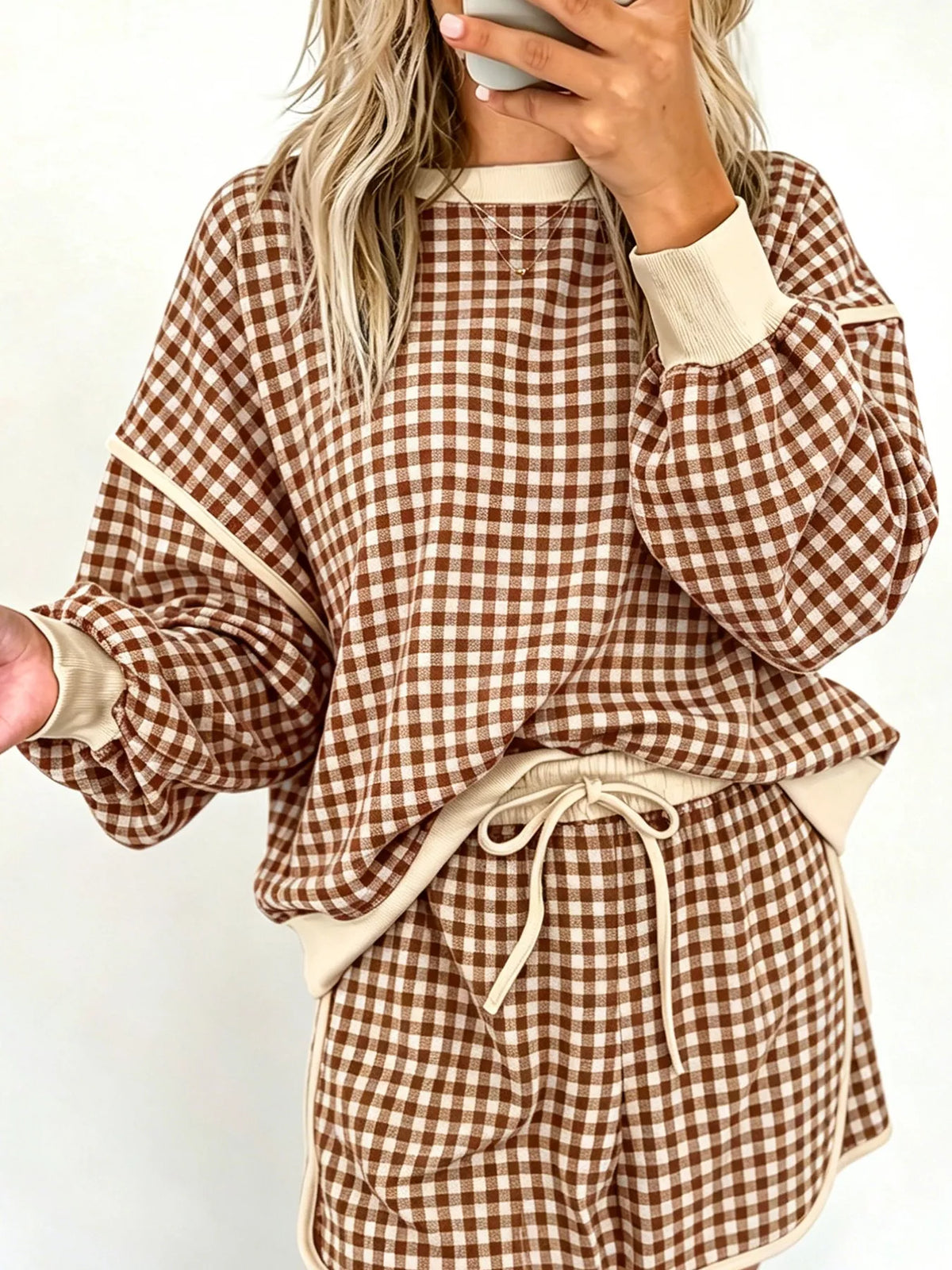 Plaid Long Sleeve Top and Shorts Set
