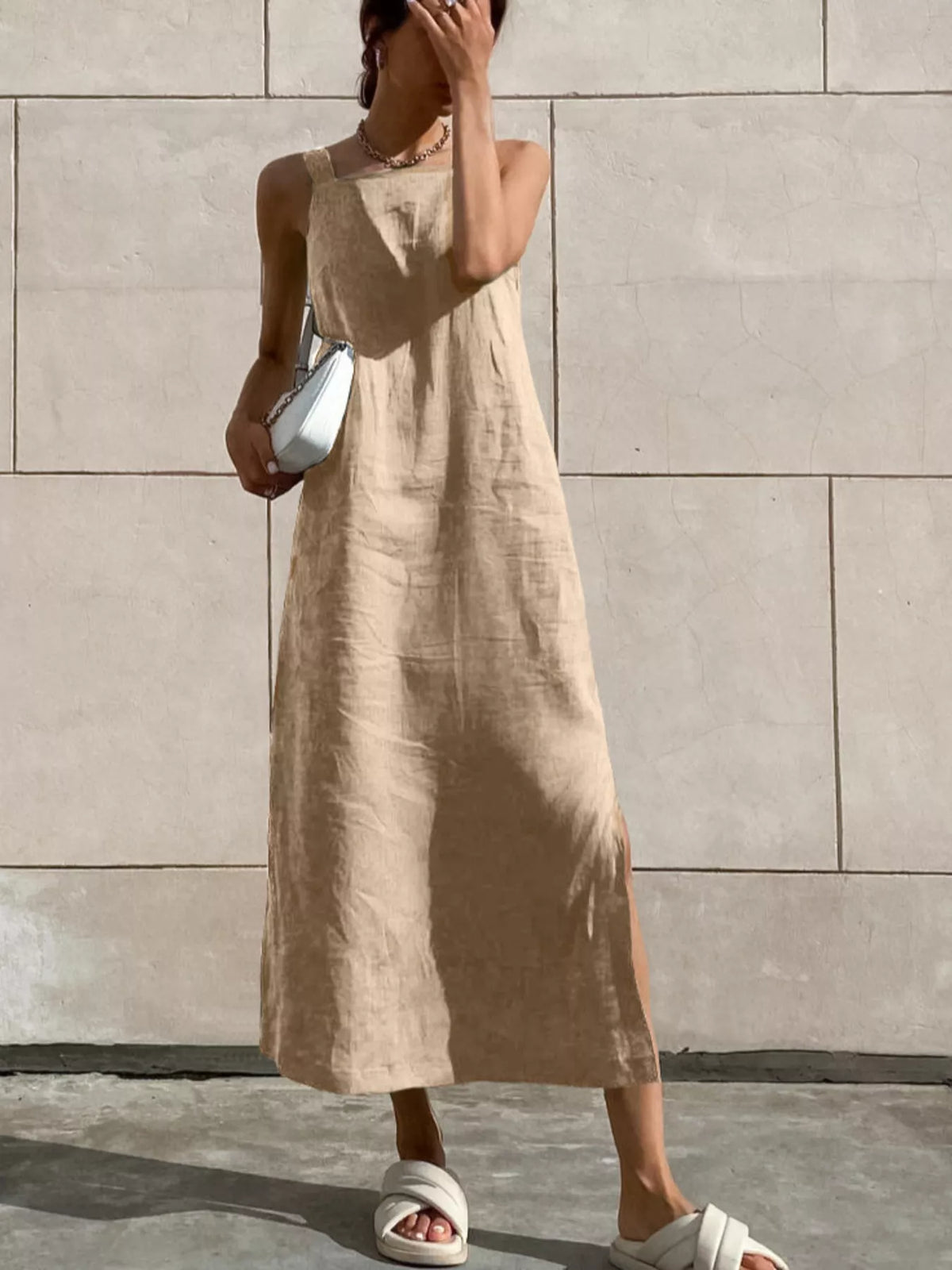 Side Slit Sleeveless Midi Dress in Khaki Color