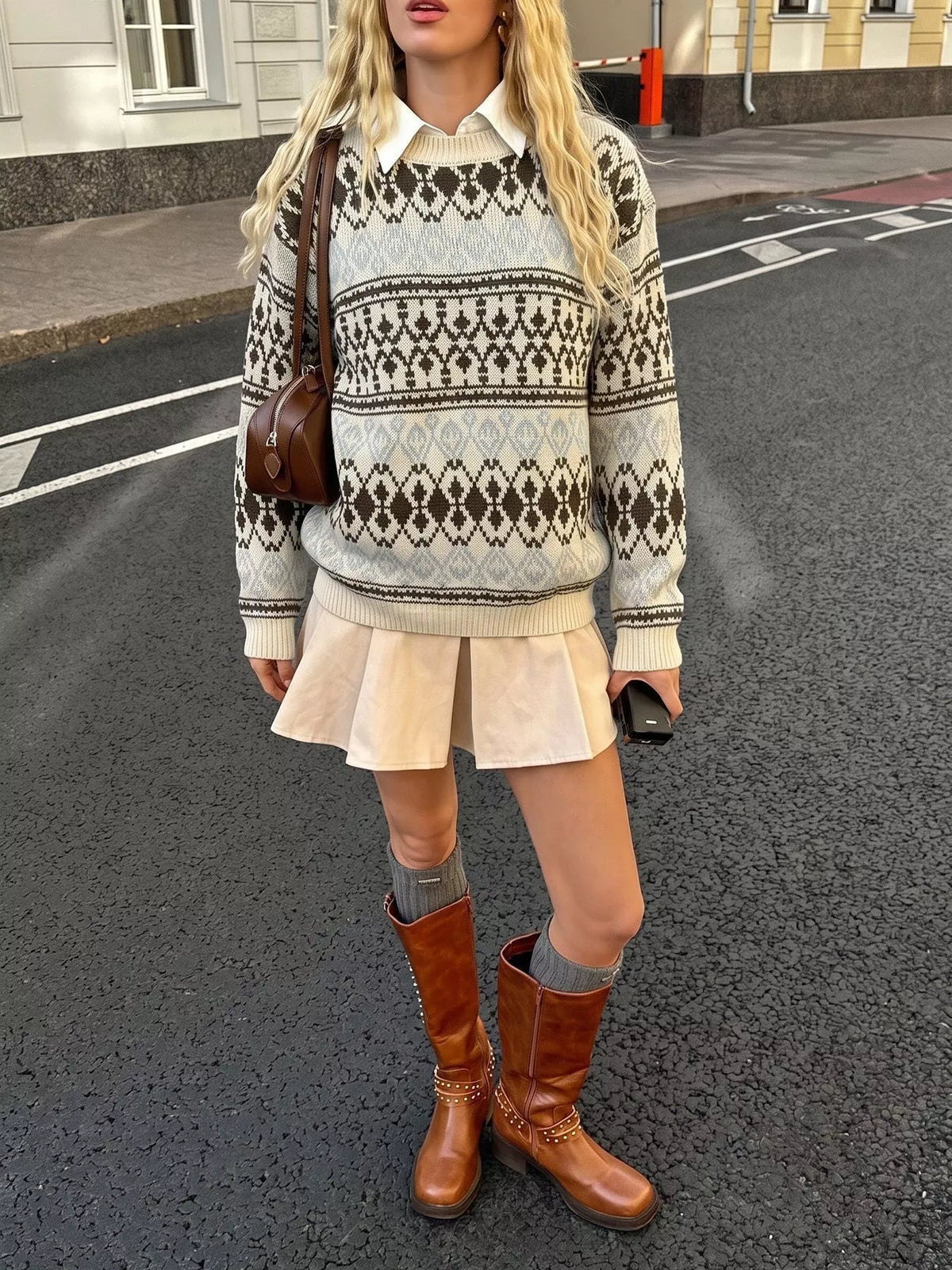 Fair Isle Pattern Crew Neck Sweater