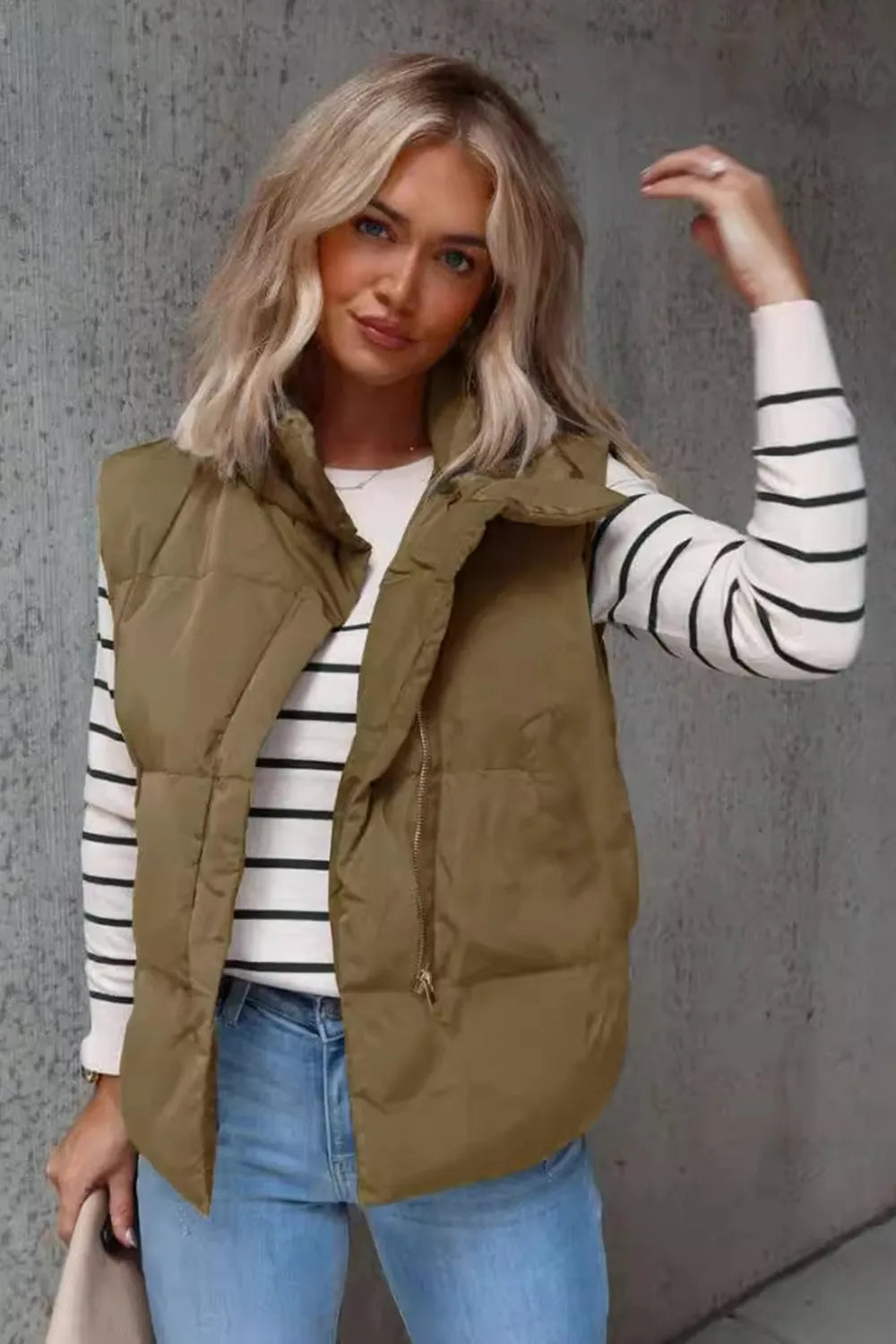 Zip Up Vest Coat with Pockets in Olive Brown