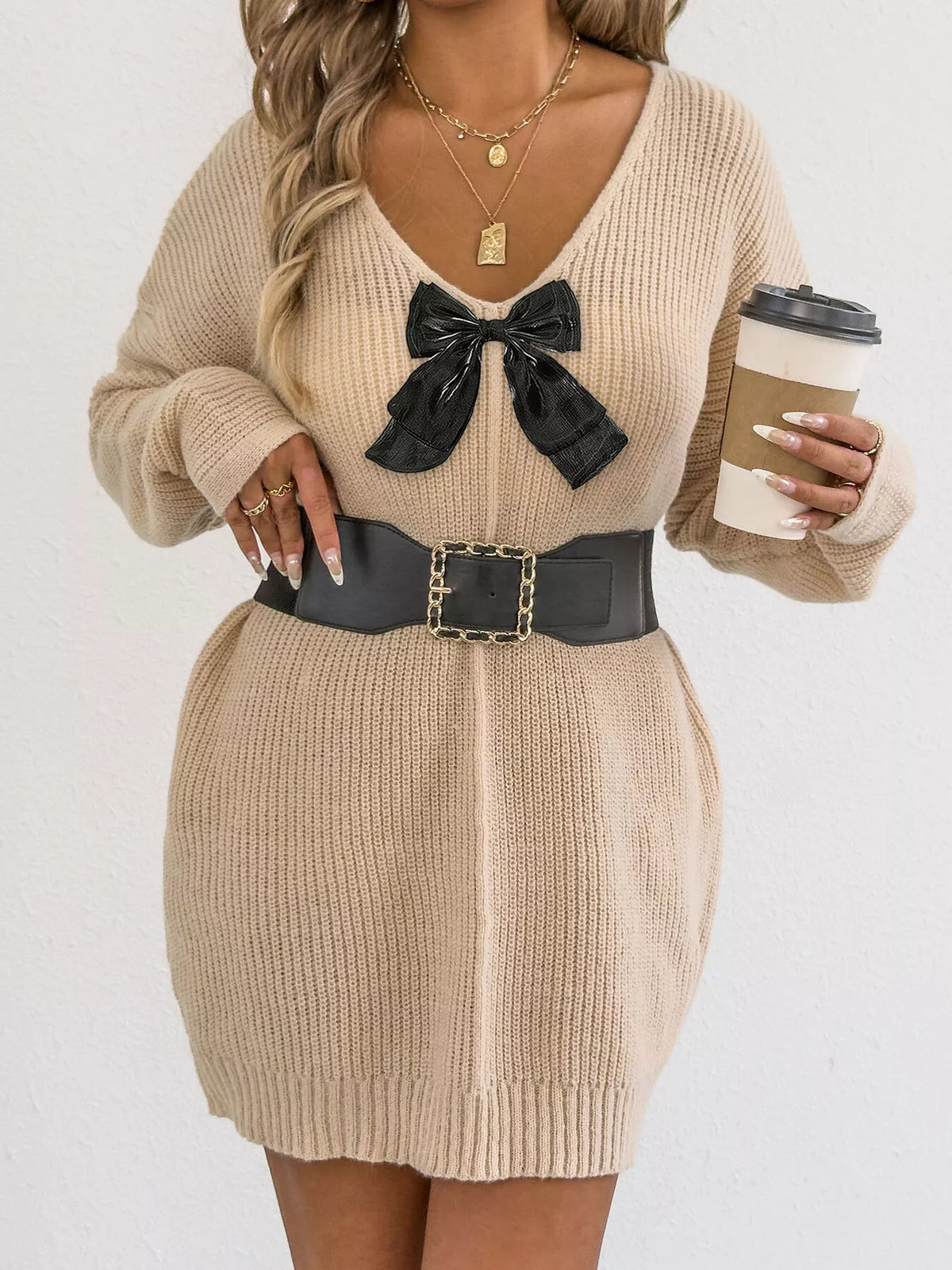 Bow Ribbed Knit Sweater Dress, view 6