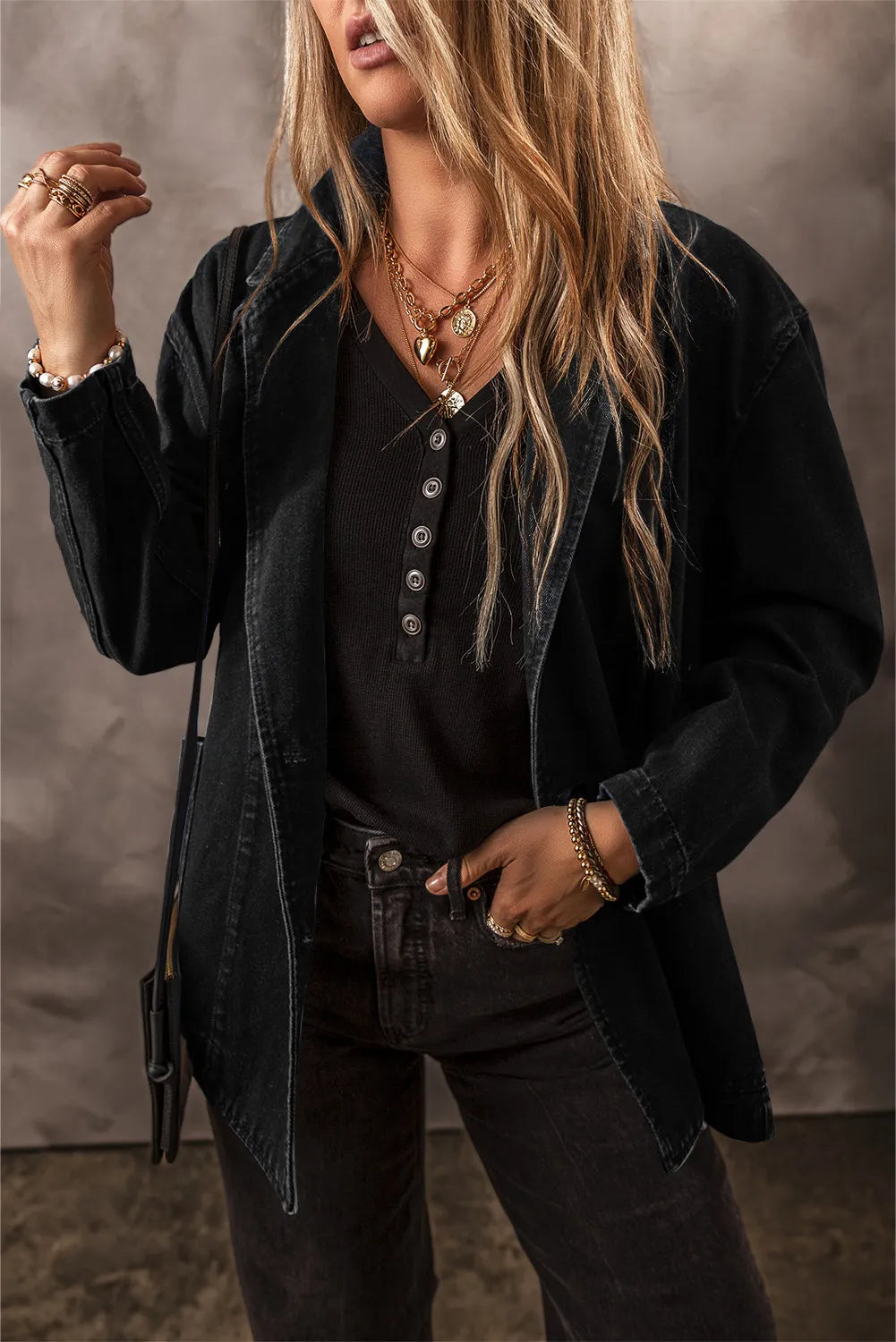Pocketed Long Sleeve Denim Jacket, view 3