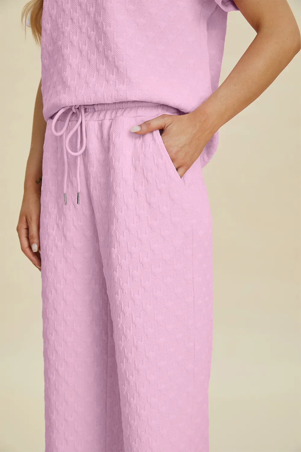 Double Take Full Size Texture Round Neck Short Sleeve Top and Pants Set, view 9