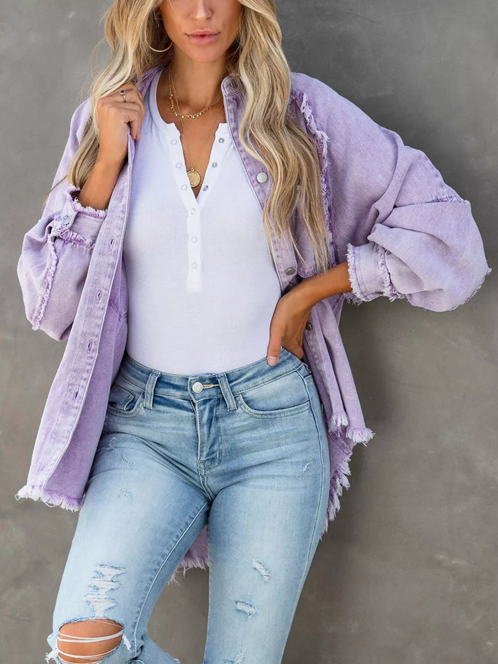 Button Down Raw Hem Denim Jacket - Lilixa.store