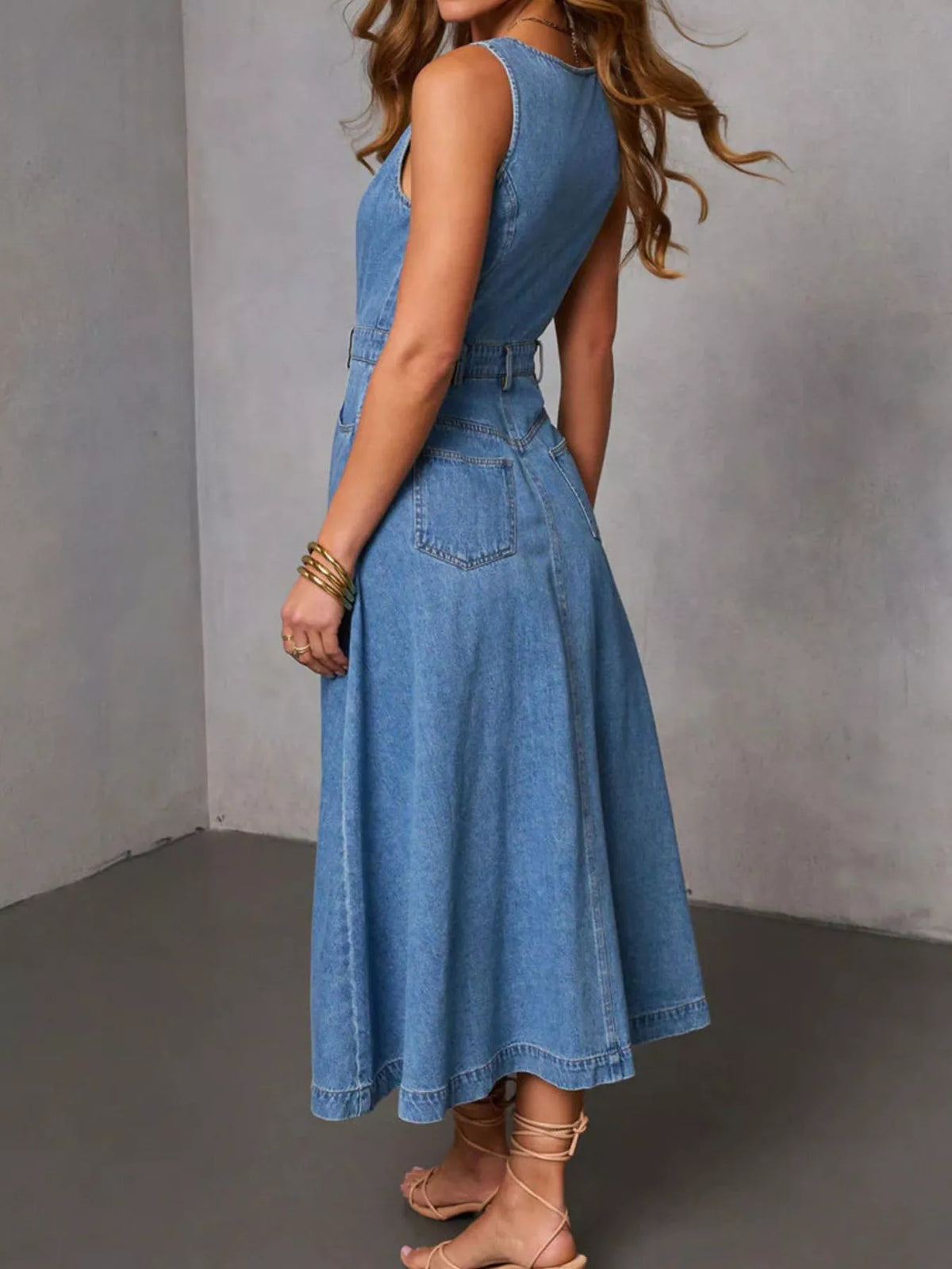 Sleeveless Button-Down Denim Midi Dress - Lilixa.store