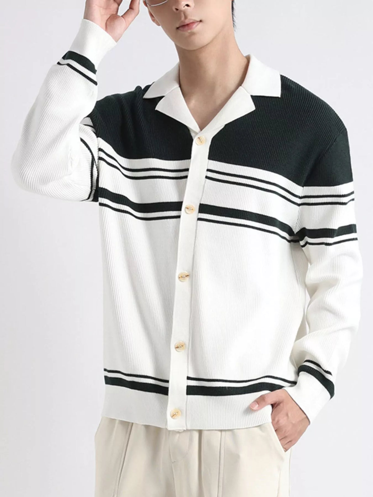 Men's Plus Size Contrast Striped Button-Down Cardigan - Lilixa.store
