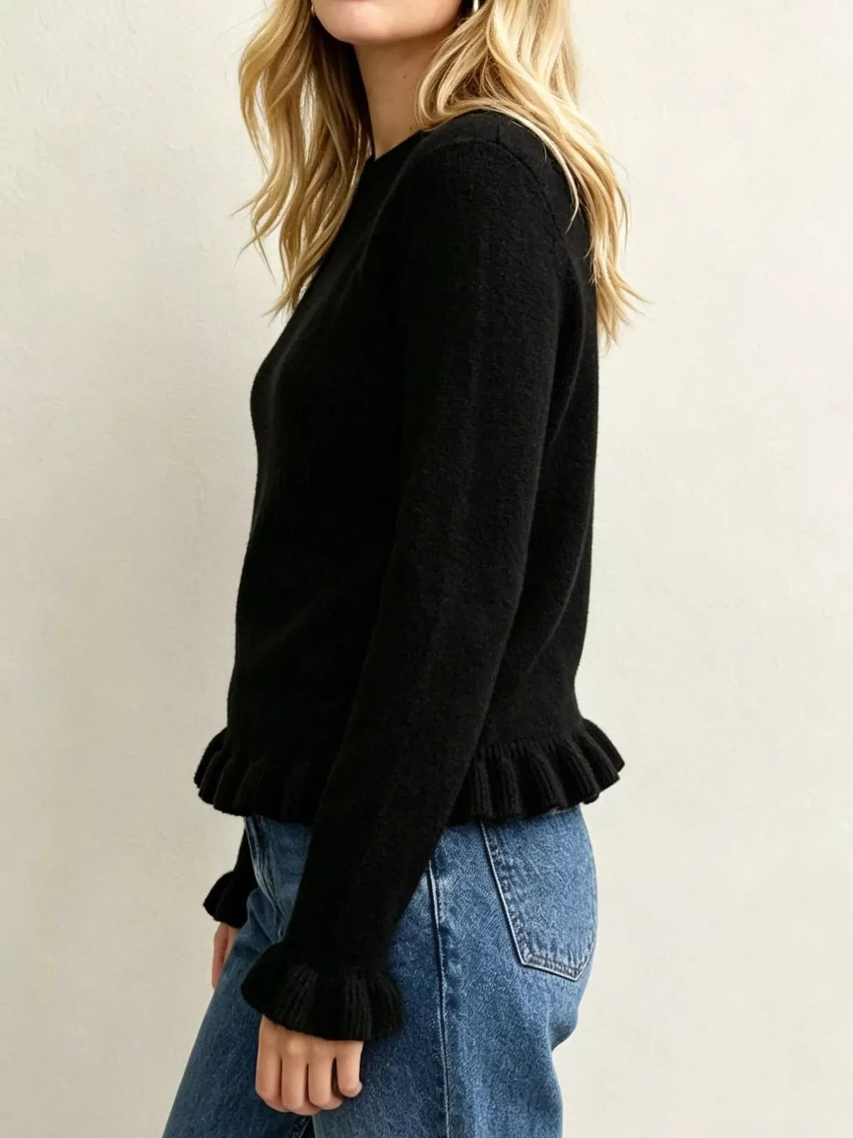 Ruffle-Trimmed Crew Neck Sweater