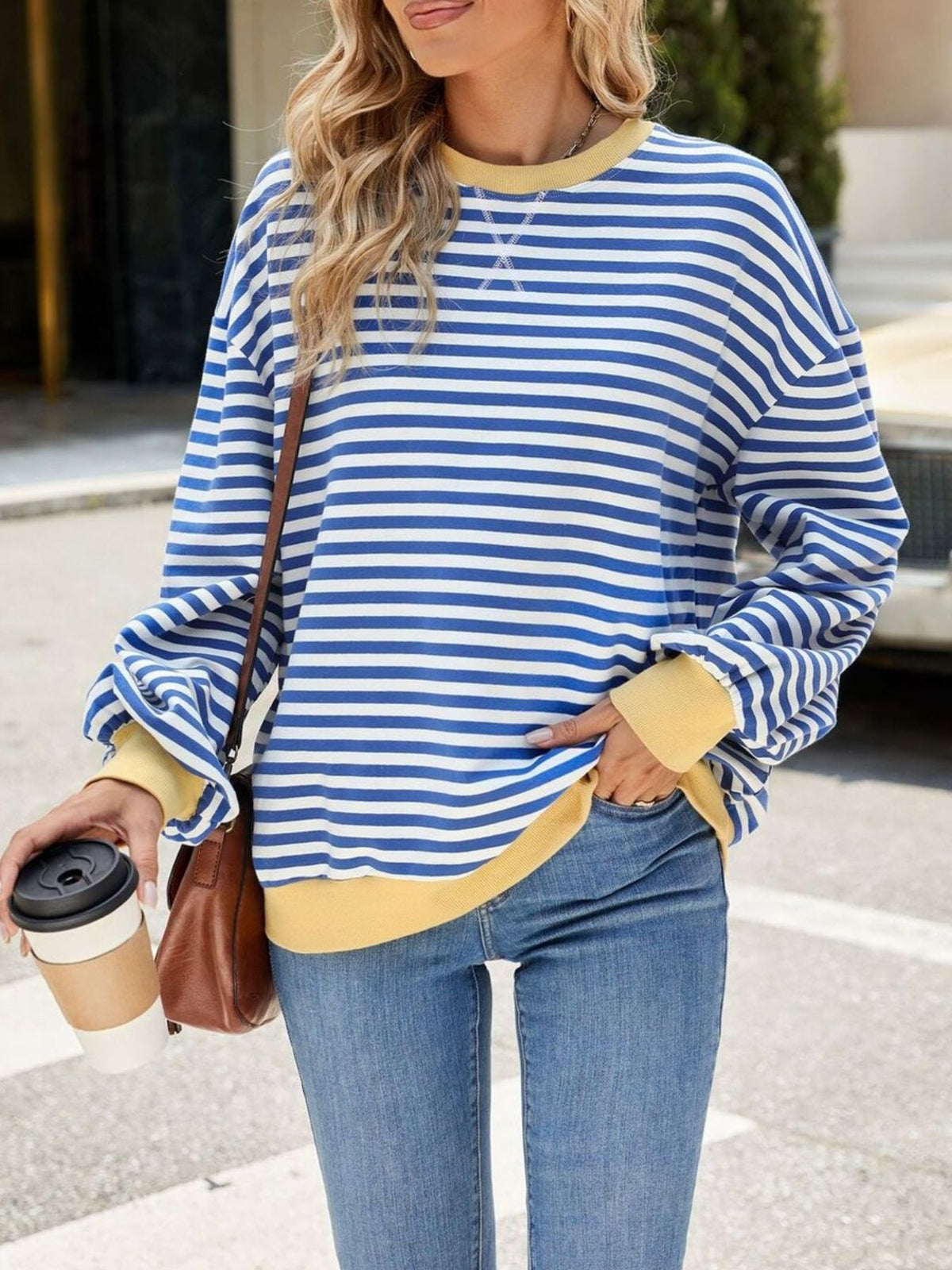 Striped Crew Neck Long Sleeve Sweatshirt - Lilixa.store