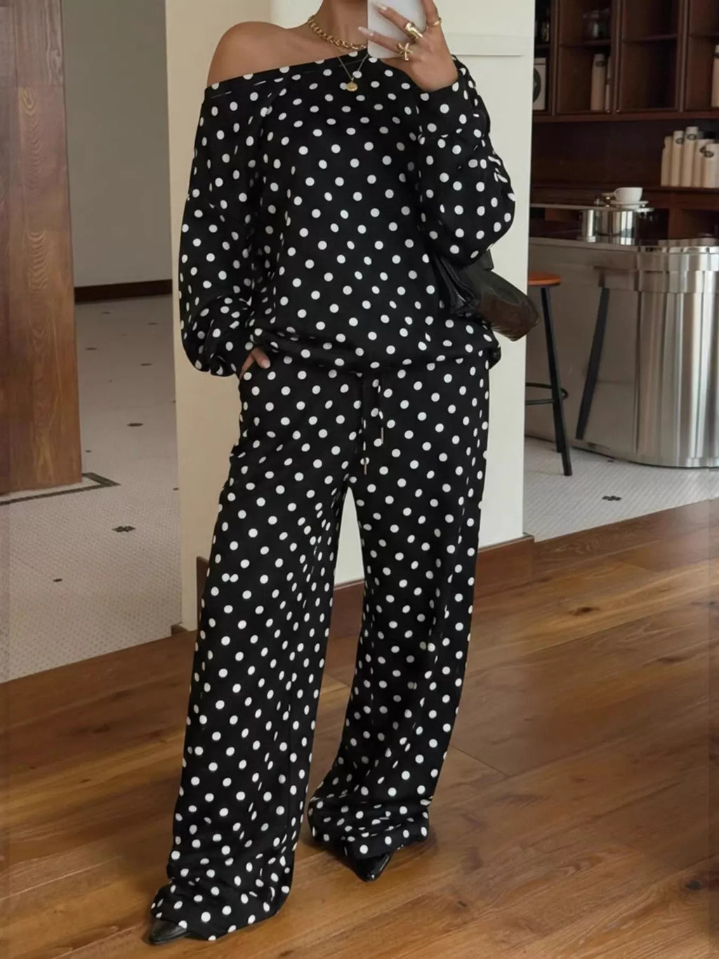 Polka Dot Boat Neck Top and Pants Set - Lilixa.store