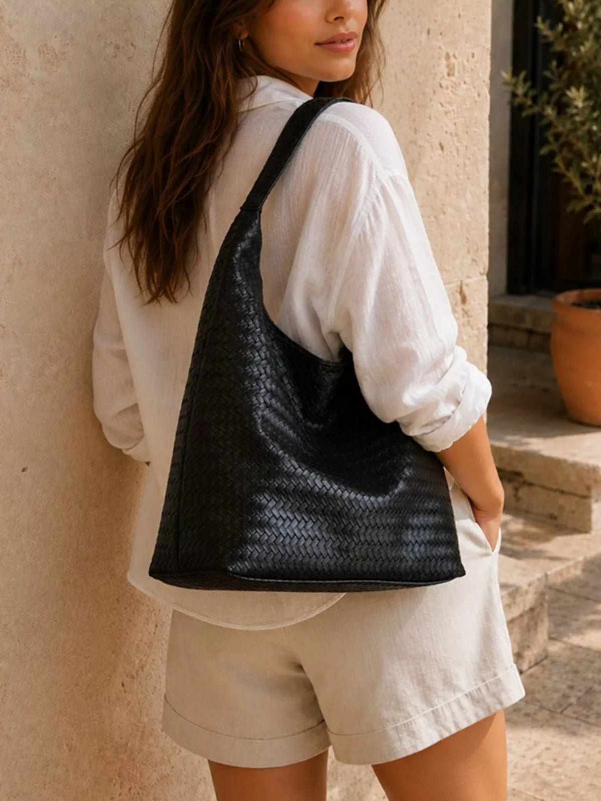 Woven Texture Shoulder Bag and Wristlet Set