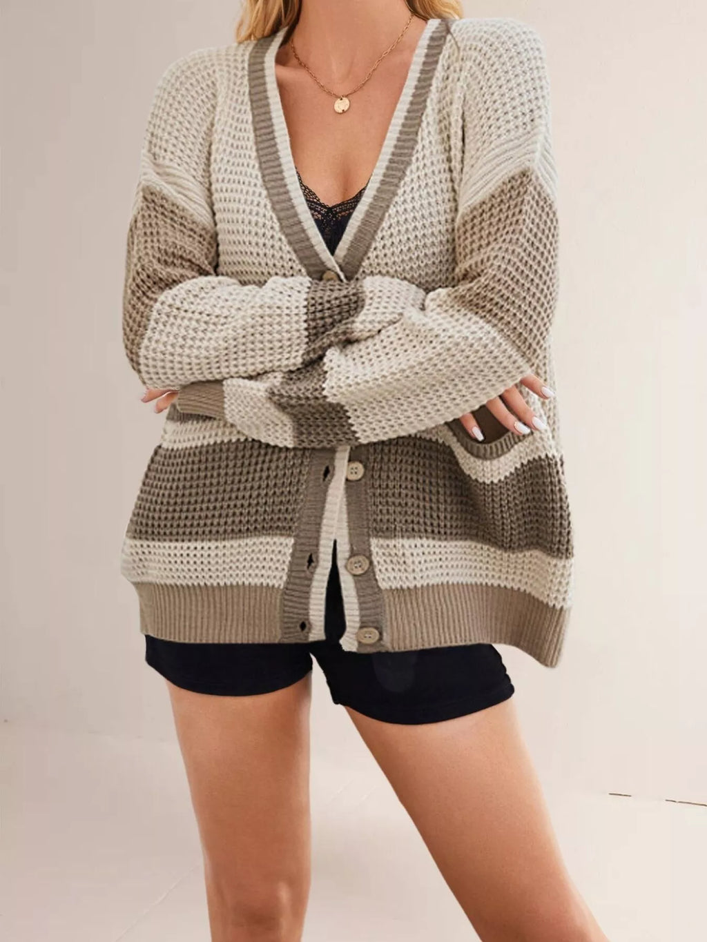 Color Block V-Neck Cardigan - Lilixa.store