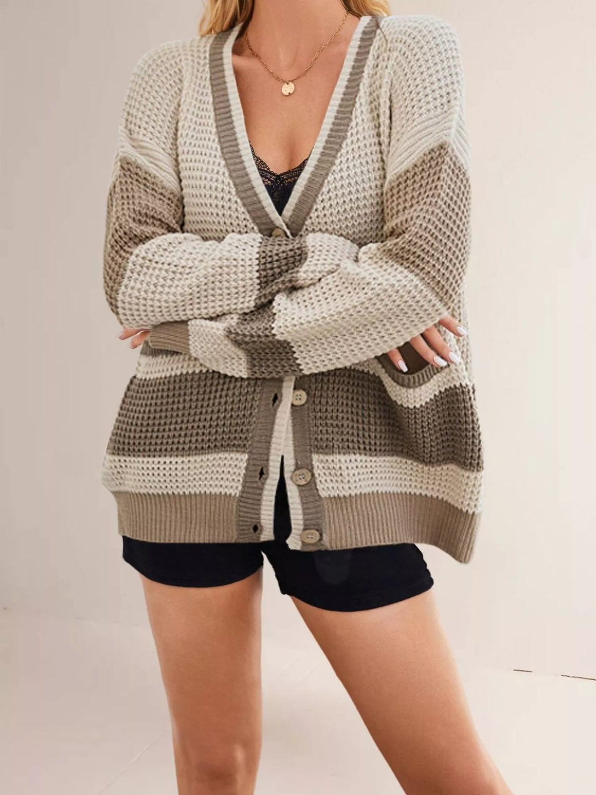 Color Block V-Neck Cardigan - Lilixa.store