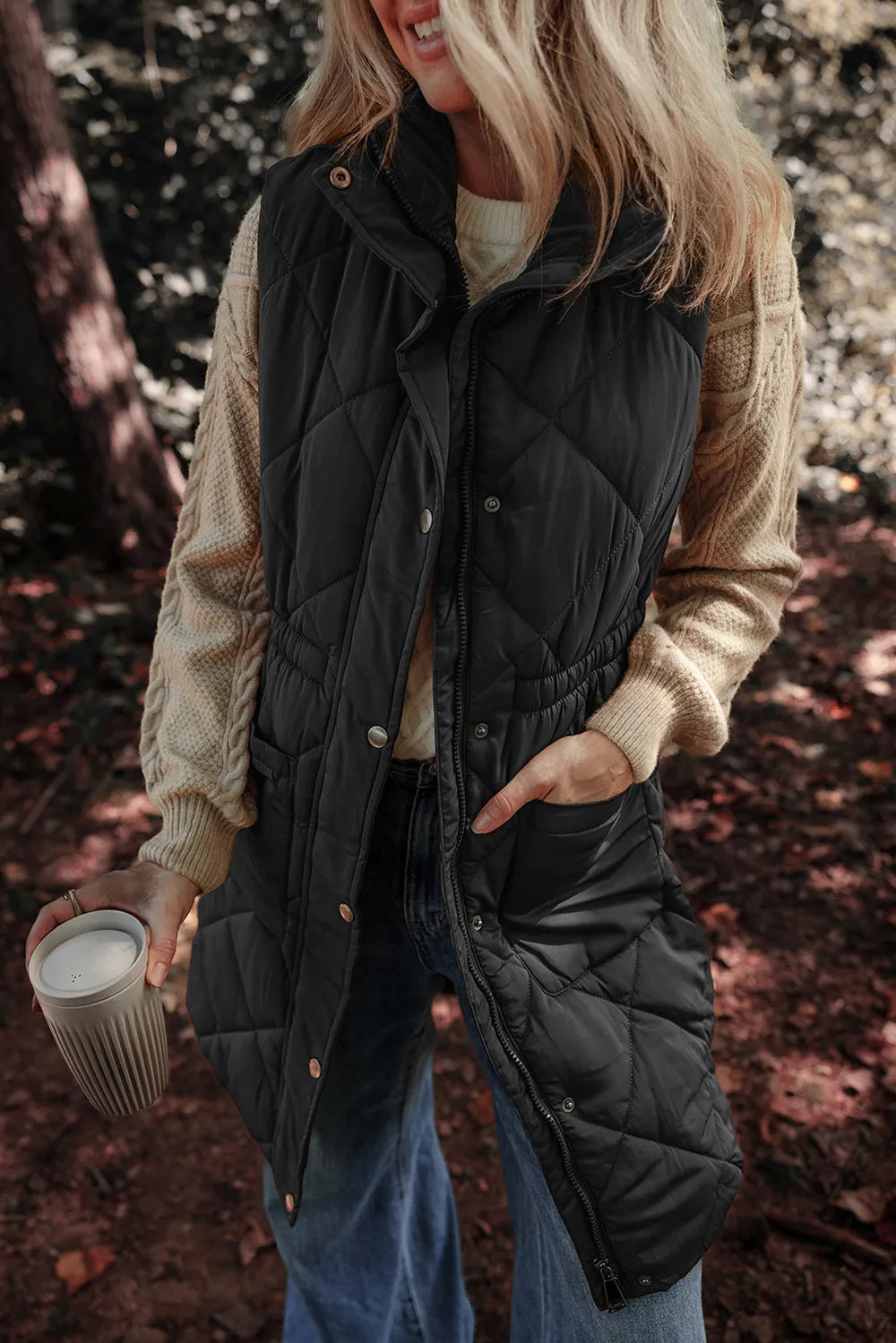 Pocketed Zipper and Button Vest Coat, view 6