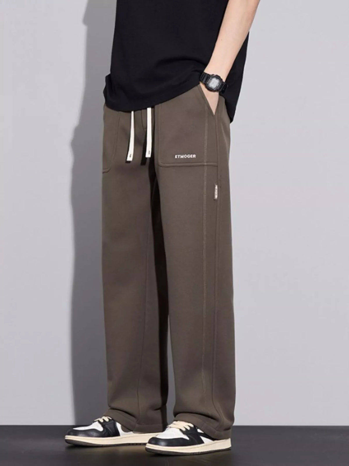 Men's Plus Size Casual Drawstring Wide-Leg Pants in Coffee Color