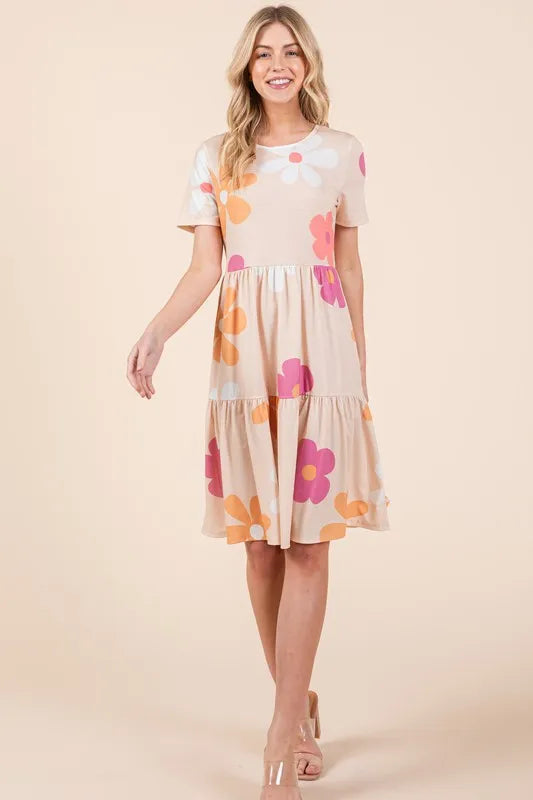 BOMBOM Floral Round Neck Short Sleeve Tiered Dress - Lilixa.store