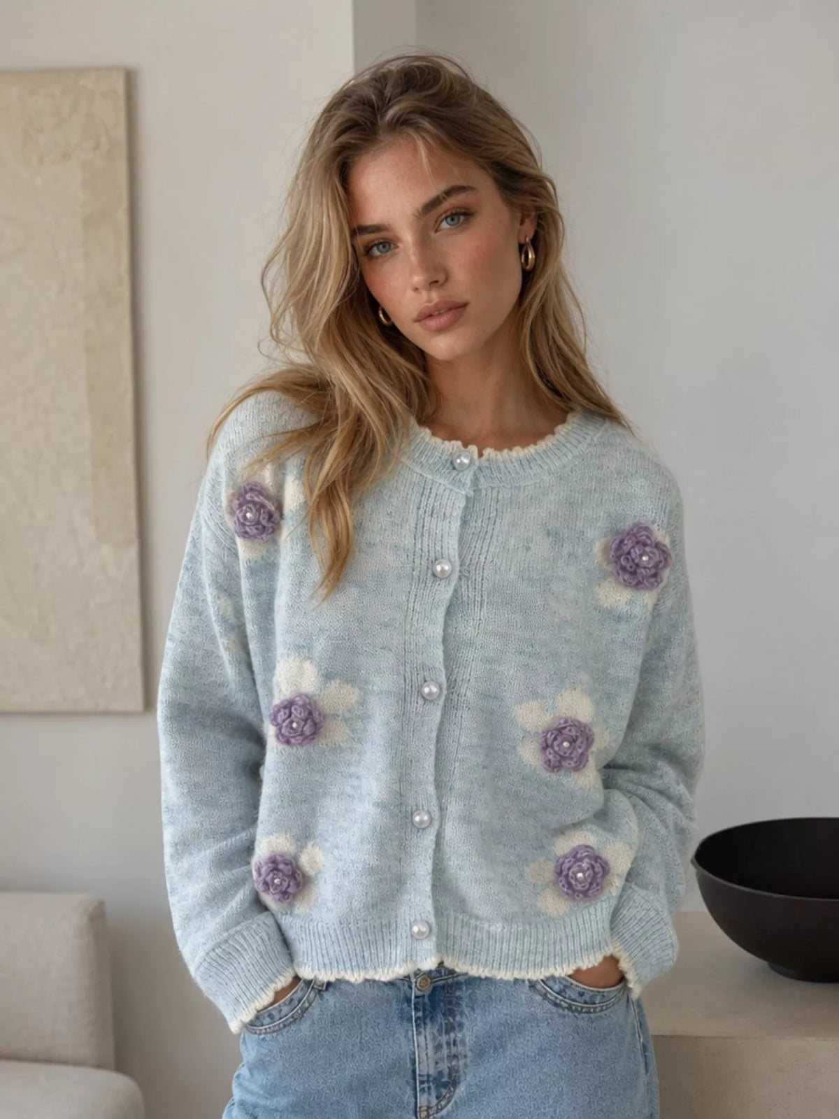 Floral Applique Button-Down Knit Cardigan, view 9