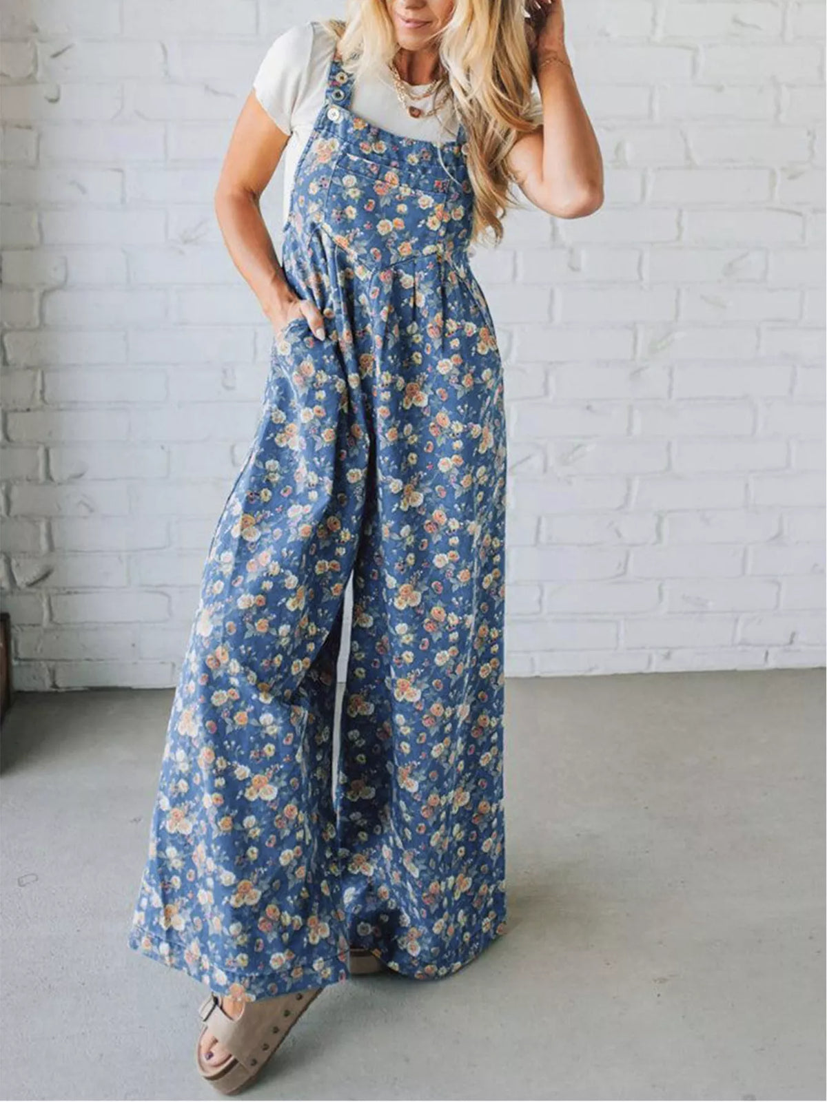 Floral Print Wide Leg Denim Overalls in Light Blue, view 3