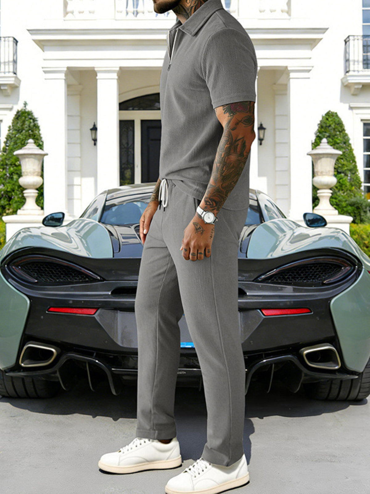 Men's Full Size Casual Zipper Polo Shirt and Drawstring Pants Set Plus Size - Lilixa.store