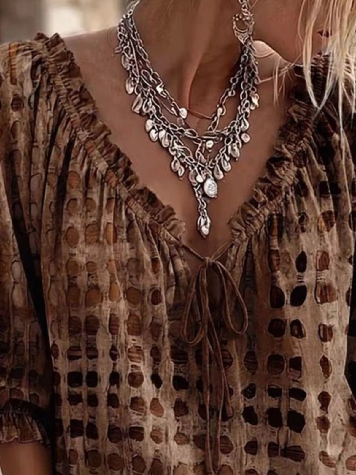 Full Size Tie Neck 3/4 Sleeve Blouse Plus Size