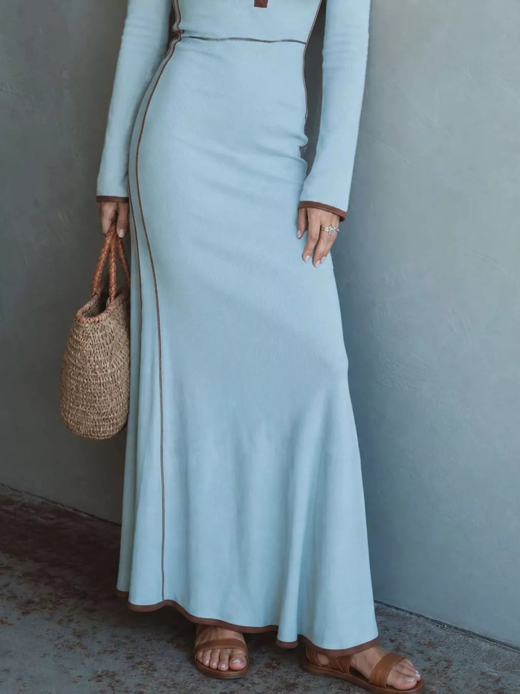 Full Size Contrast Trim Zip-Up Long Sleeve Knit Maxi Dress Plus Size - Lilixa.store