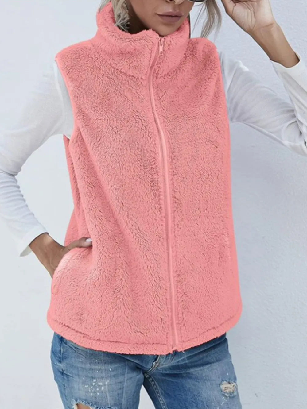 Full Size Fuzzy Zip Up Vest Coat with Pockets in Watermelon pink