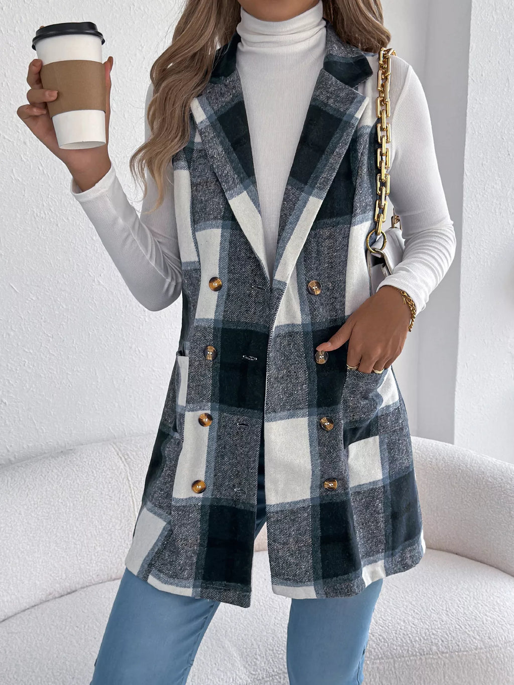 Plaid Double-Breasted Vest Coat - Lilixa.store