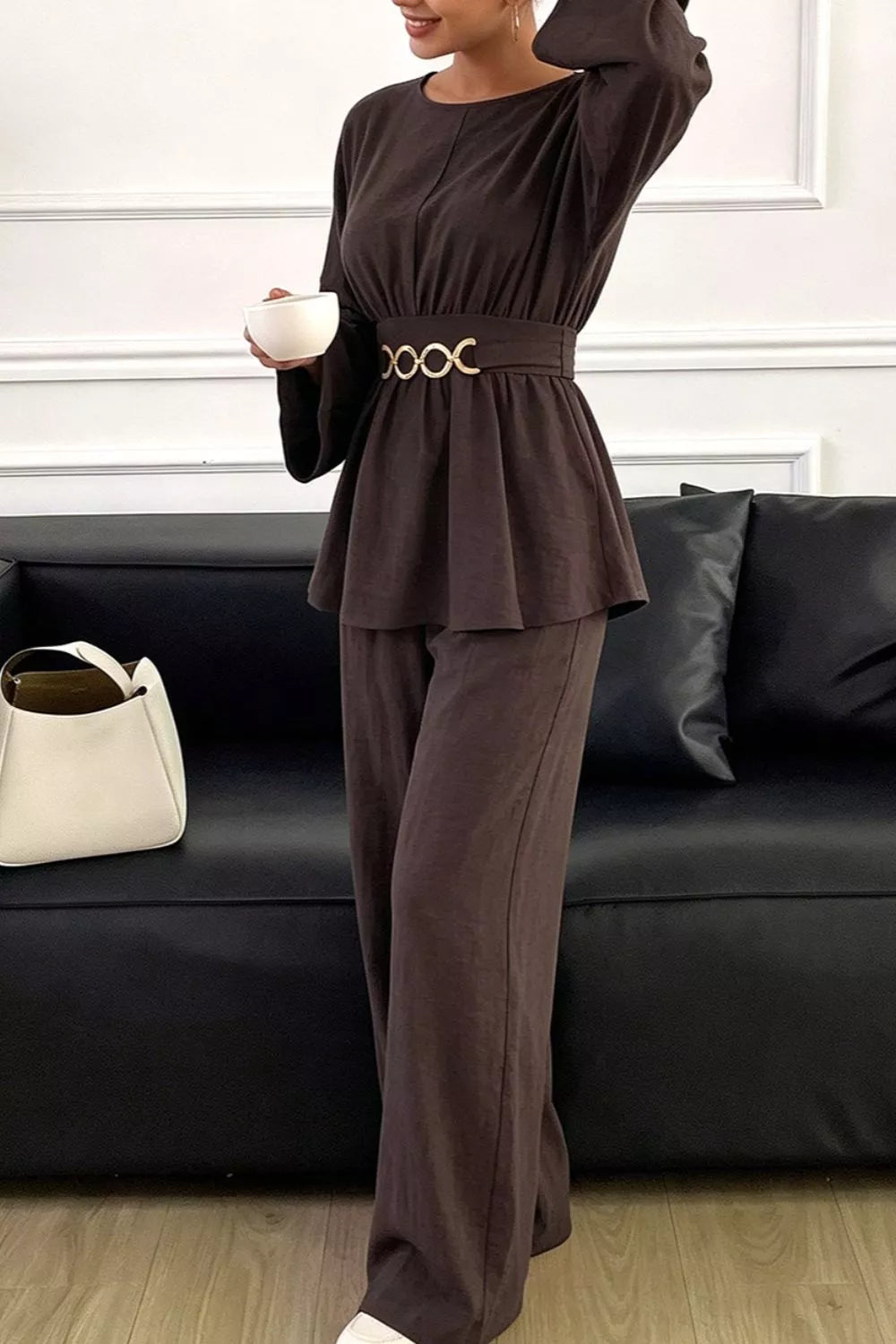 Metal Chain Waist Detail Top and Pants Set - Lilixa.store