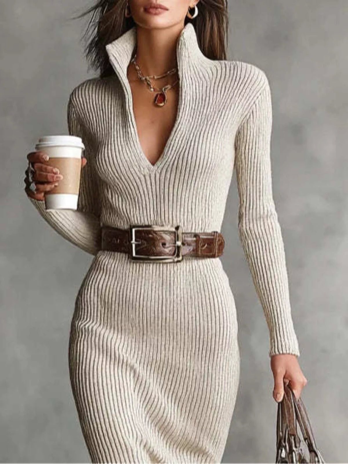 Ribbed Knit V-Neck Sweater Dress, view 7