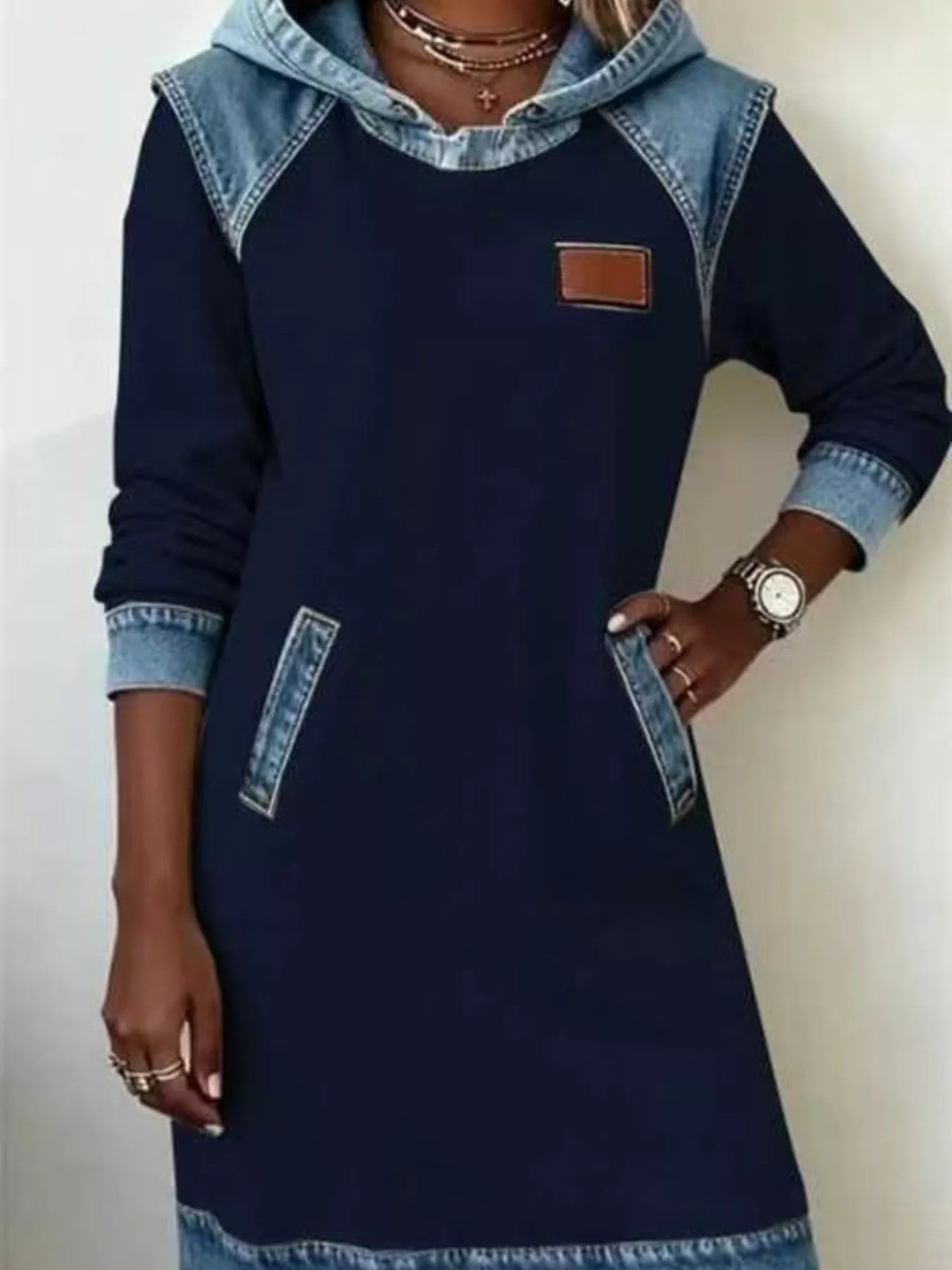 Full Size Denim Patchwork Hooded Sweatshirt Dress Plus Size - Lilixa.store
