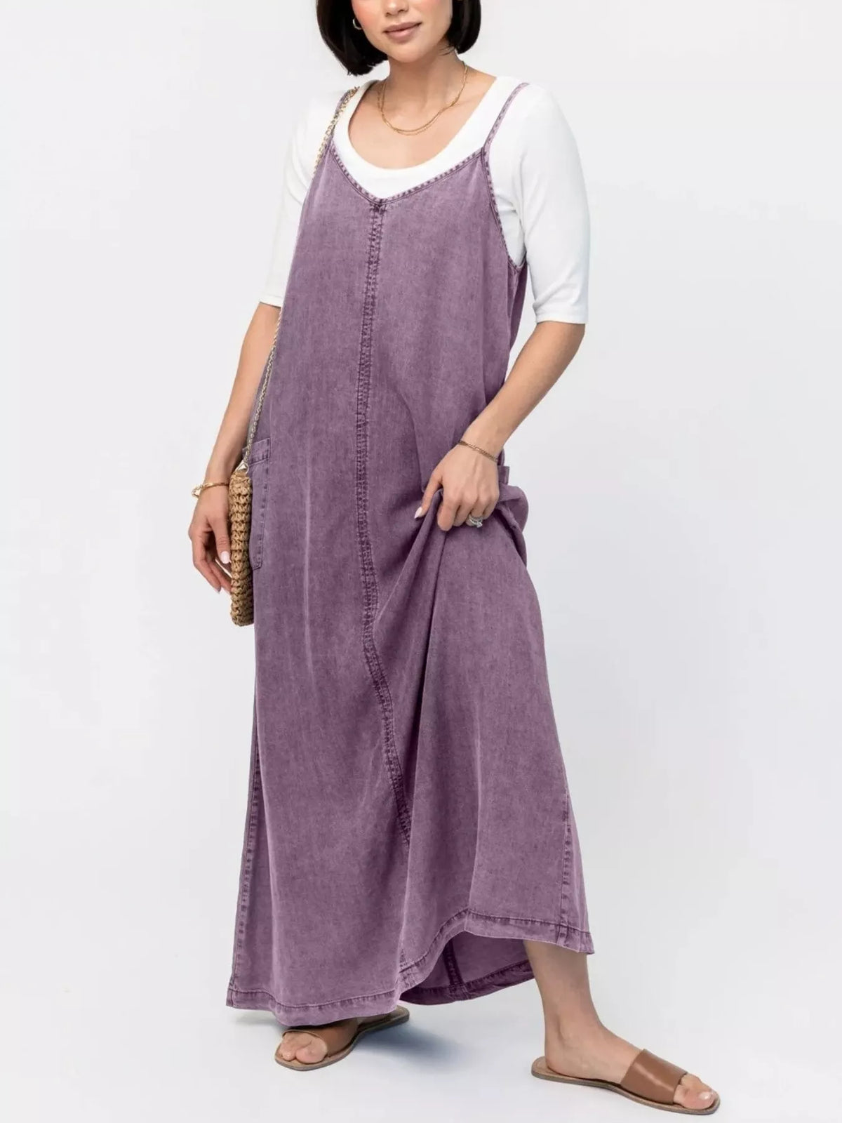 Casual Washed Denim Cami Maxi Dress in Gray Purple