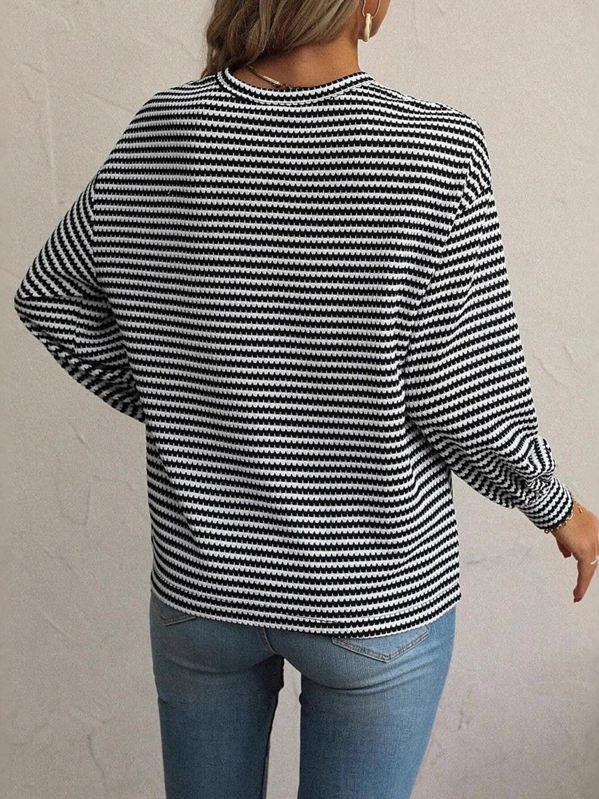 Striped Round Neck Lantern Sleeve Top - Lilixa.store