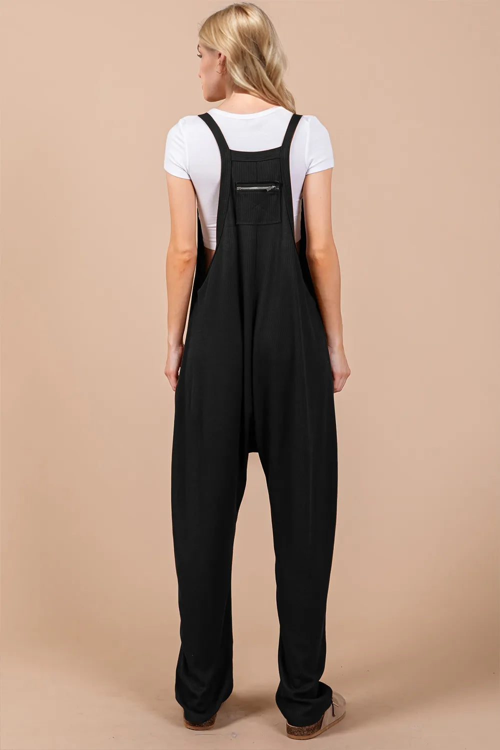 Oh Full Size V-Neck Wide Strap Overalls with Pockets in Black, view 2