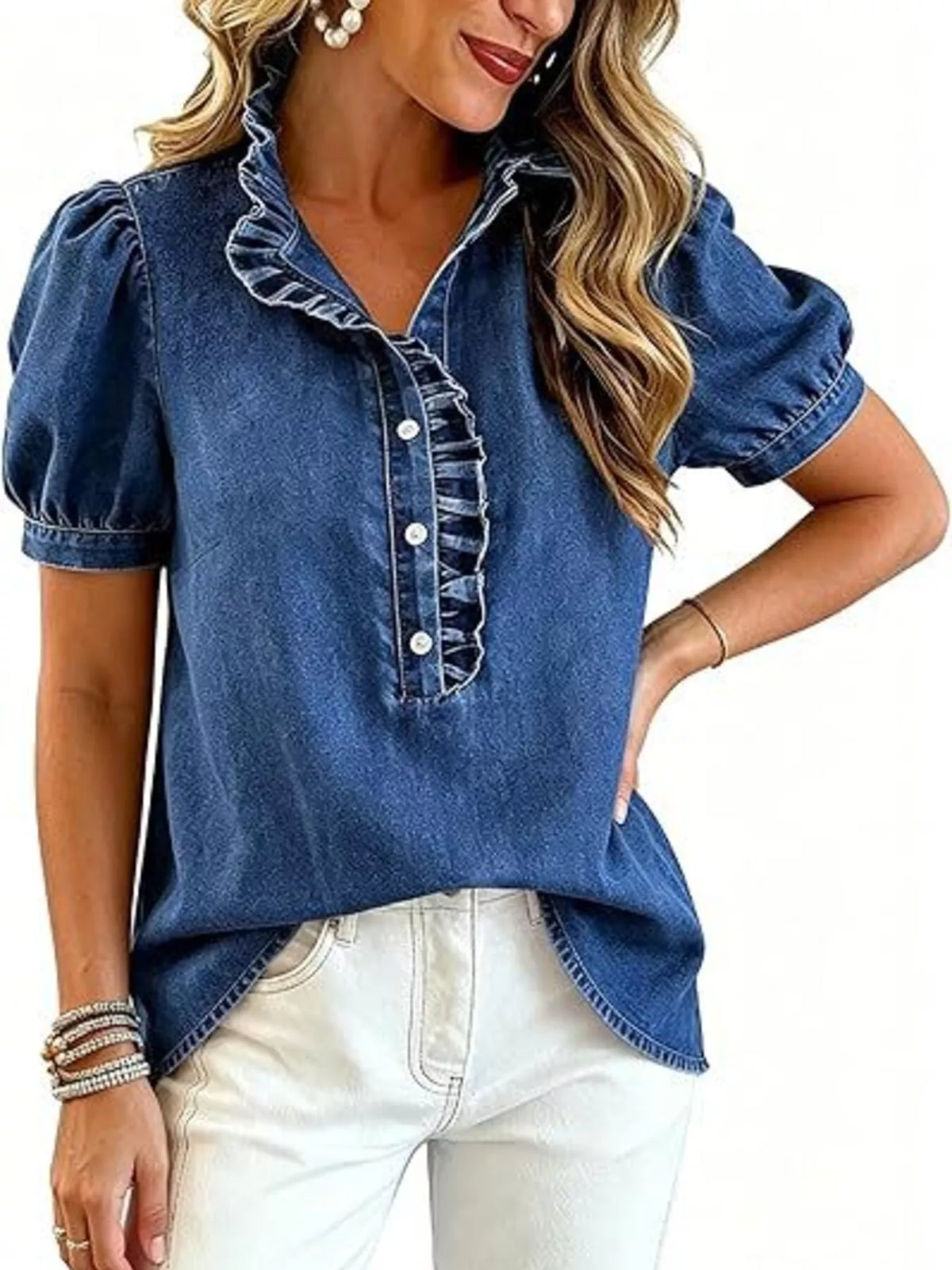 Frill Puff Sleeve Denim Top - Lilixa.store